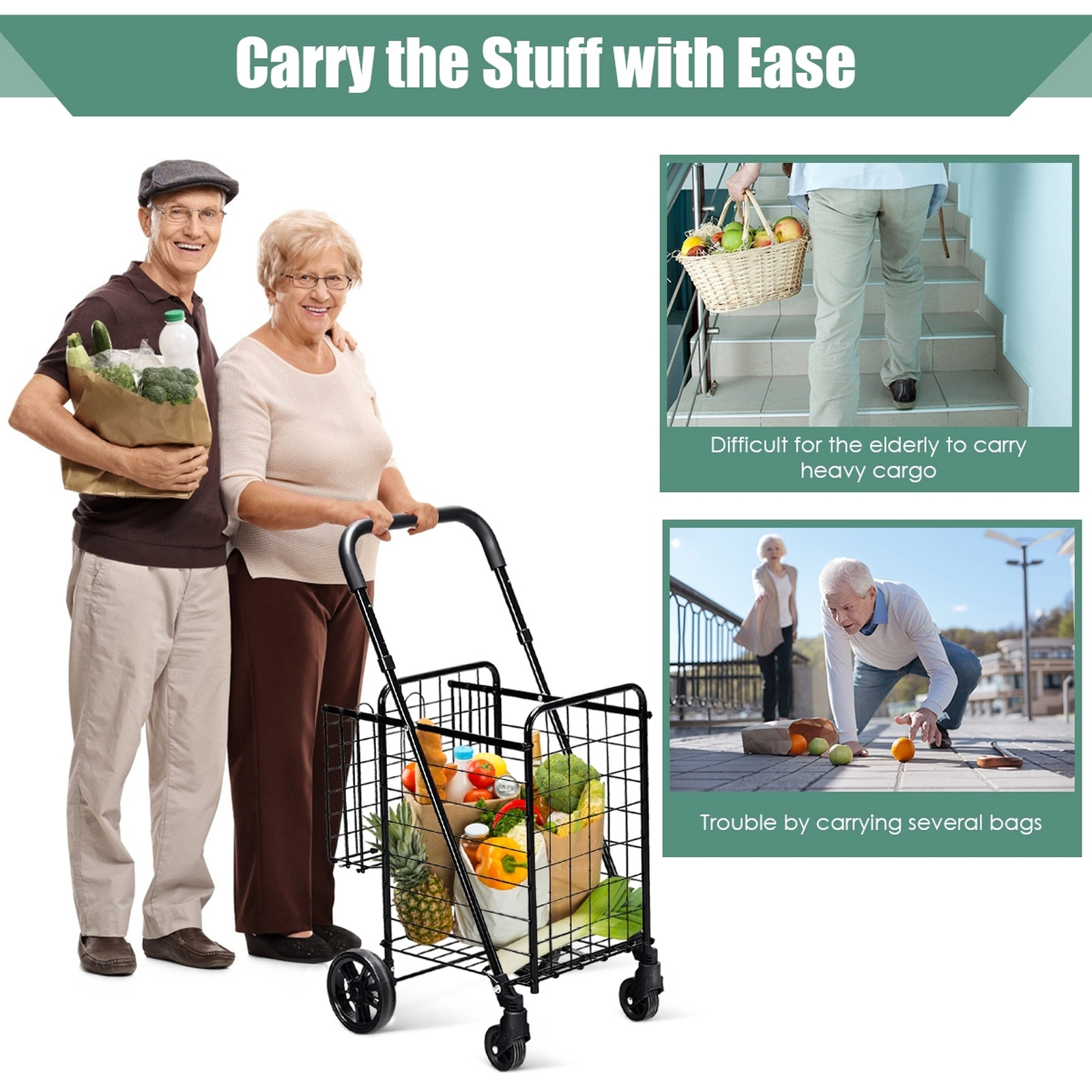 SUGIFT 44-lb Capacity Folding Shopping Cart with Wheels 2-Basket Rolling Grocery Trolley and Handle
