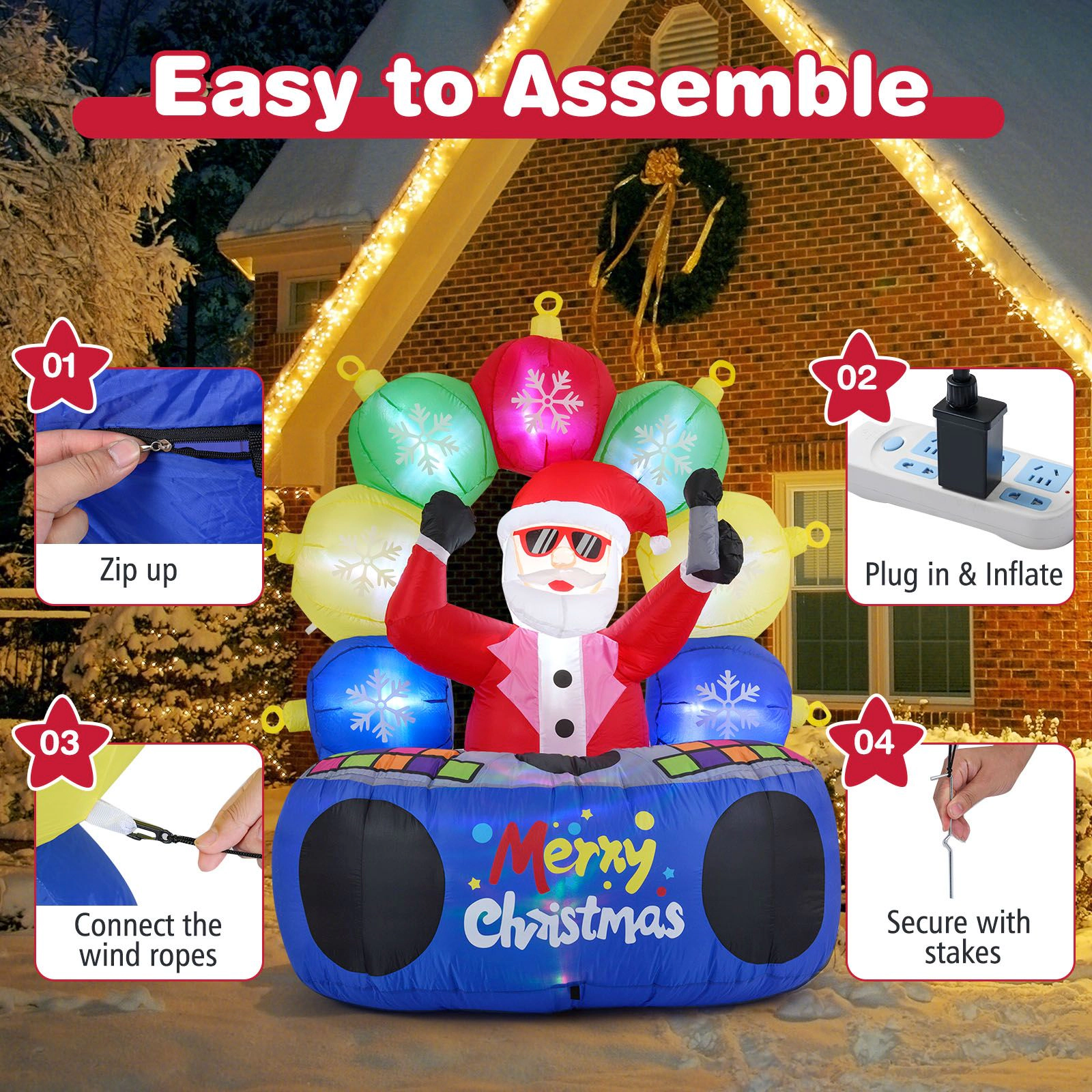 Slickblue 6FT DJ Santa Inflatable with RGB LED Holiday Lights