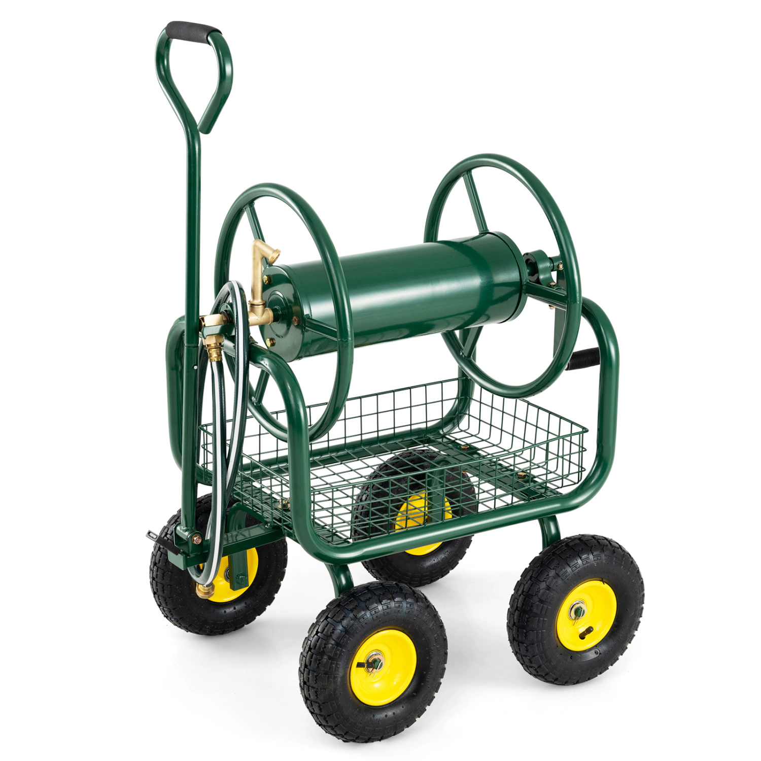 SUGIFT Garden Hose Reel Cart 300 Feet with Air-Filled Tires and Storage Basket