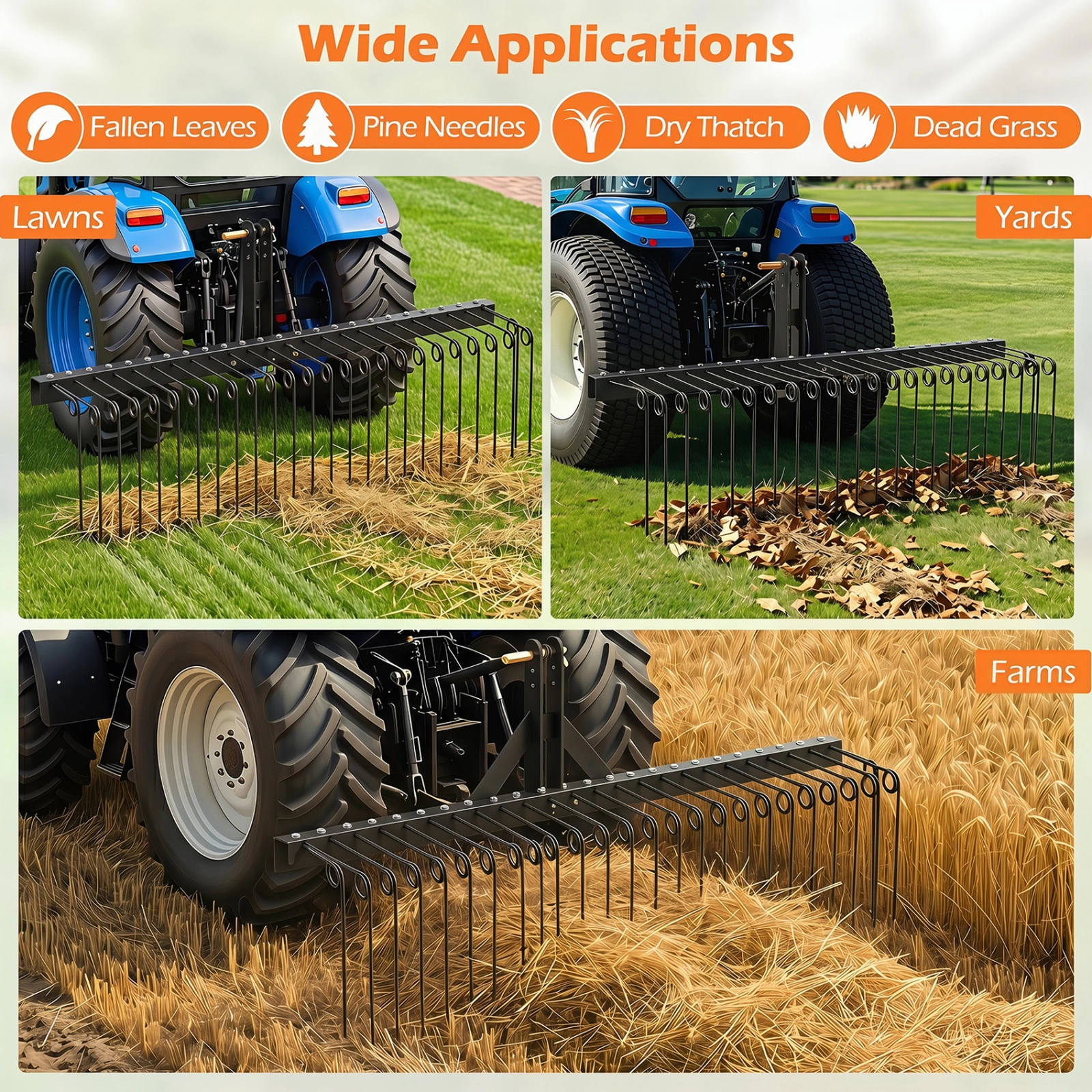 SUGIFT 60-in Tow Behind Pine Straw Rake with 26 Metal Coil Tines 3-Point Hitch and 3-Level Height Adjustment