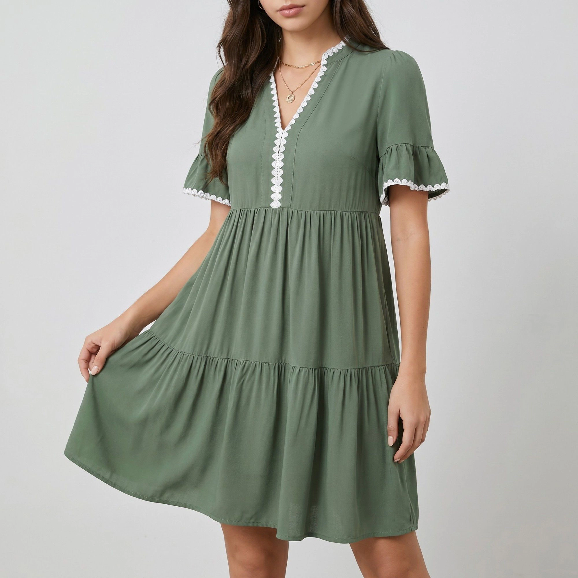Anna-Kaci Women's Lace Trim V Neck Flutter Sleeve Tiered Gathered Waist Flowy Relaxed Silhouette Mini Dress