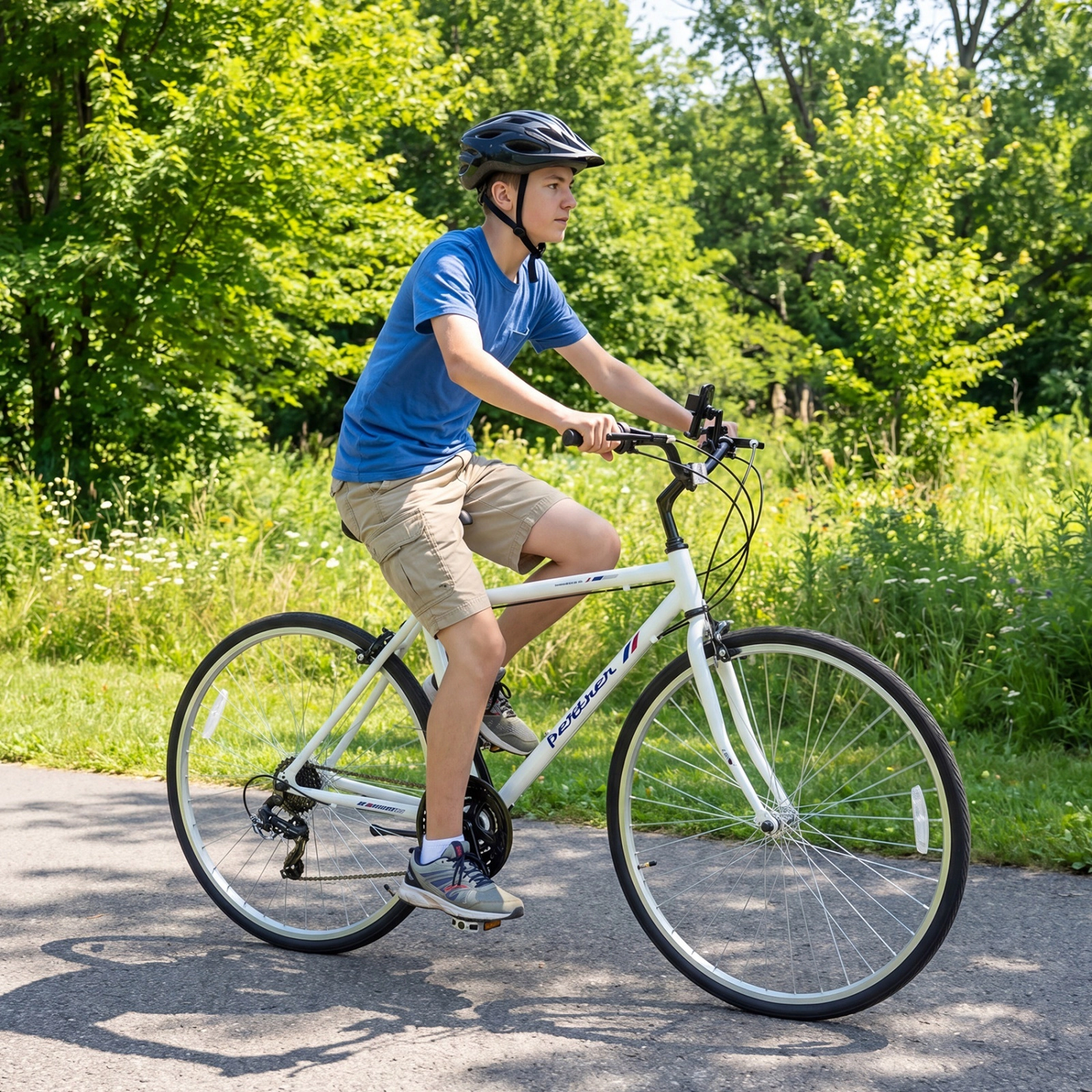 700C Hybrid Bike for Adults 18-Speed Drivetrain Dual Caliper Brakes Aluminum Frame and Phone Holder Ages 12+ White