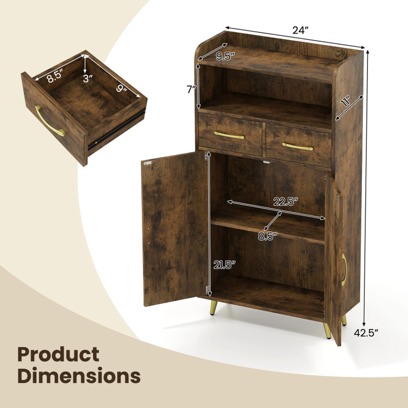 SUGIFT Freestanding Bathroom Storage Floor Cabinet with 2 Drawers and 2 Doors 44-lb Countertop Rustic Brown