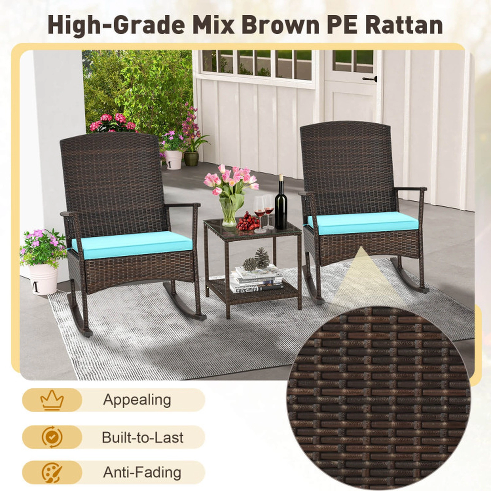 SUGIFT 3-Piece Turquoise Patio Wicker Rocking Chair Set with 2-Tier Glass Table 18-in Seat H 400-lb Chair Capacity