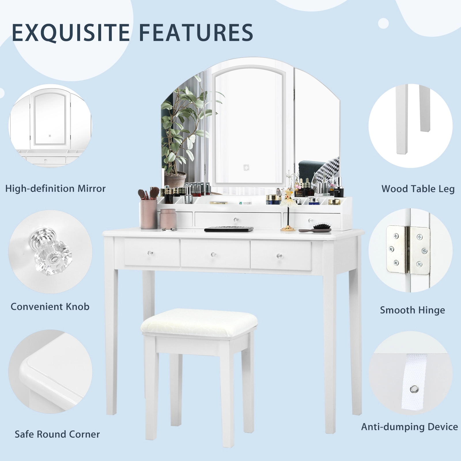 SUGIFT White Large Tri-Folding Lighted Mirror and 6 Drawers Vanity Table and Stool Set