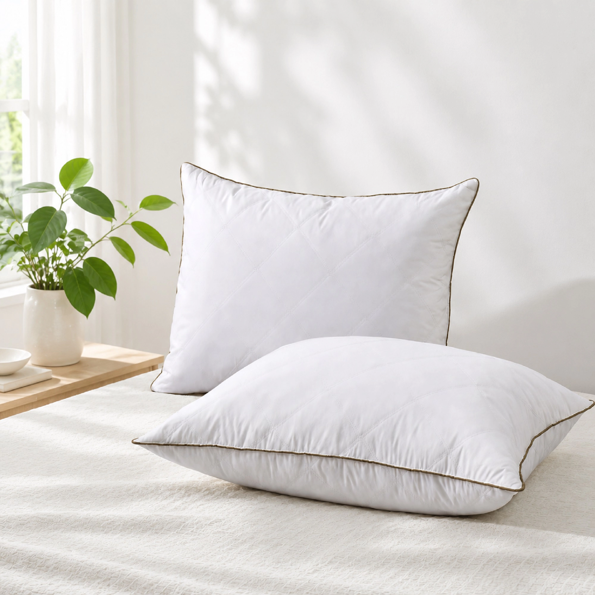 Unikome Diamond Quilted Goose Feather Pillow Set of 2, Brown Piped Hotel Support Bed Pillows