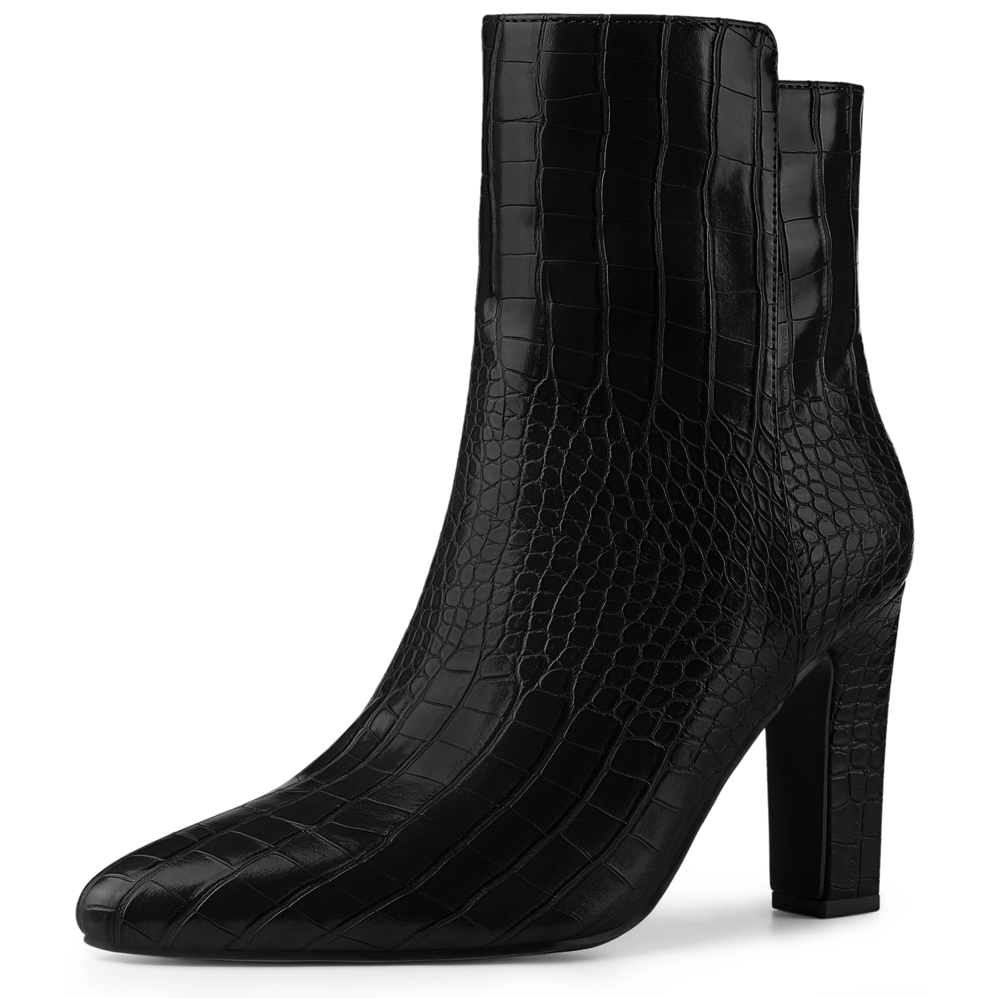BLISSFUL STEP Women Printed PU Pointed Toe Chunky Heels Side Zipper Ankle Boots