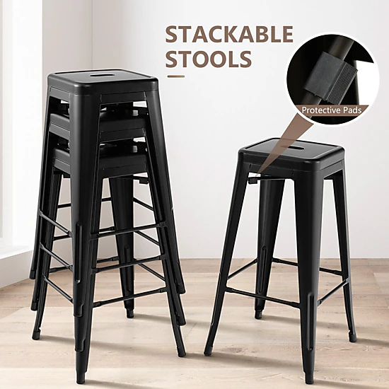 SUGIFT Set of 4 Black 30-Inch Backless Stackable Metal Bar Stools, 330 ...