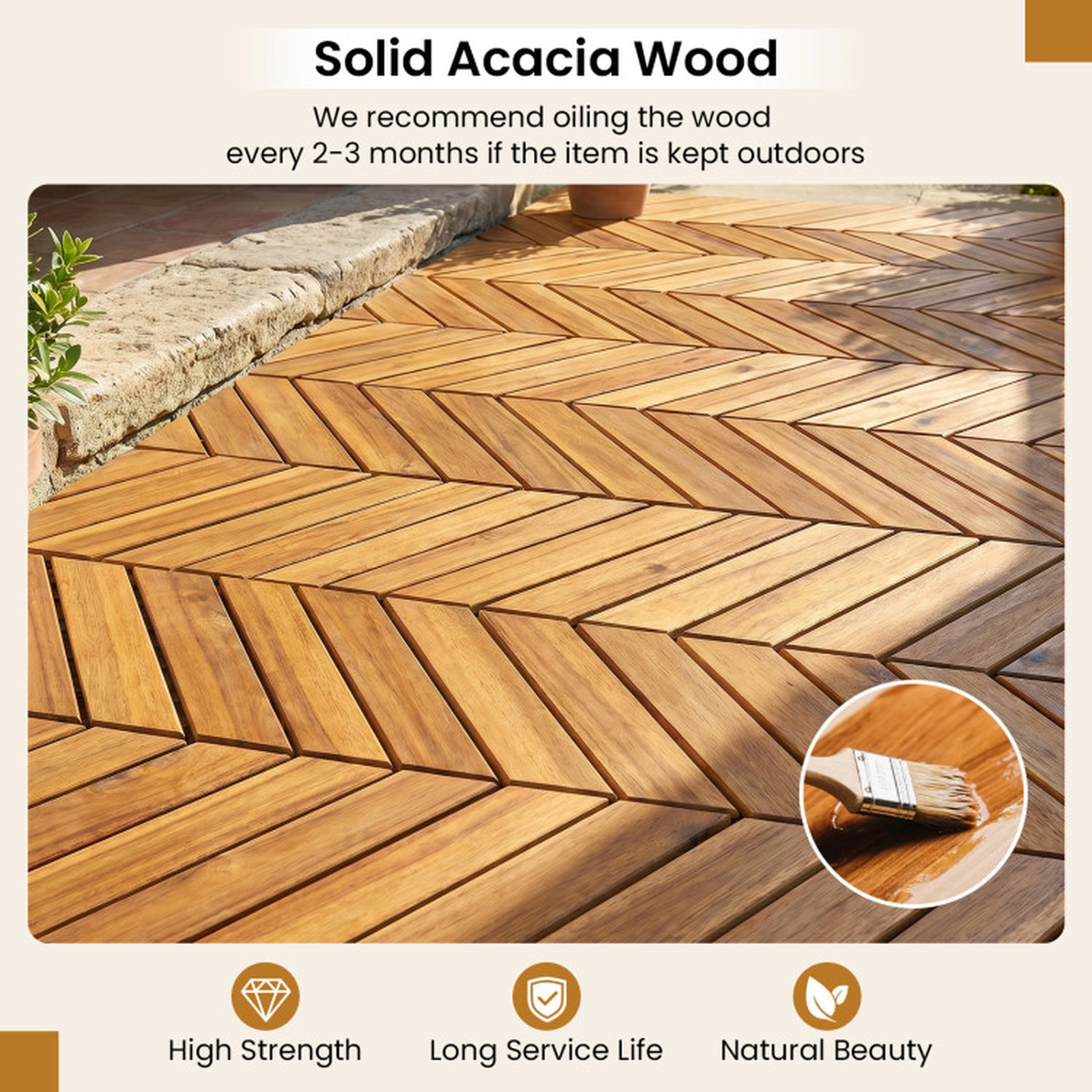 SUGIFT Natural 30-Piece Acacia Wood Deck Tiles with Tool-Free Snap Base 12-in W 12-in D 500-lb Tile Capacity