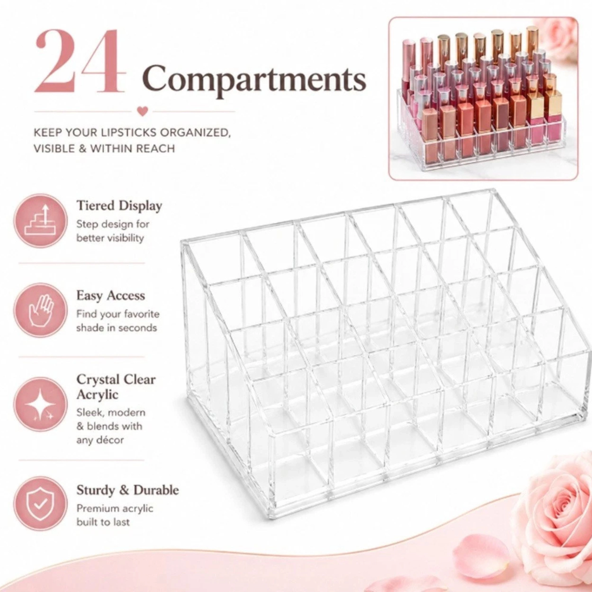 Home Collection 24-Slot Clear Acrylic Lipstick and Makeup Organizer Storage Stand