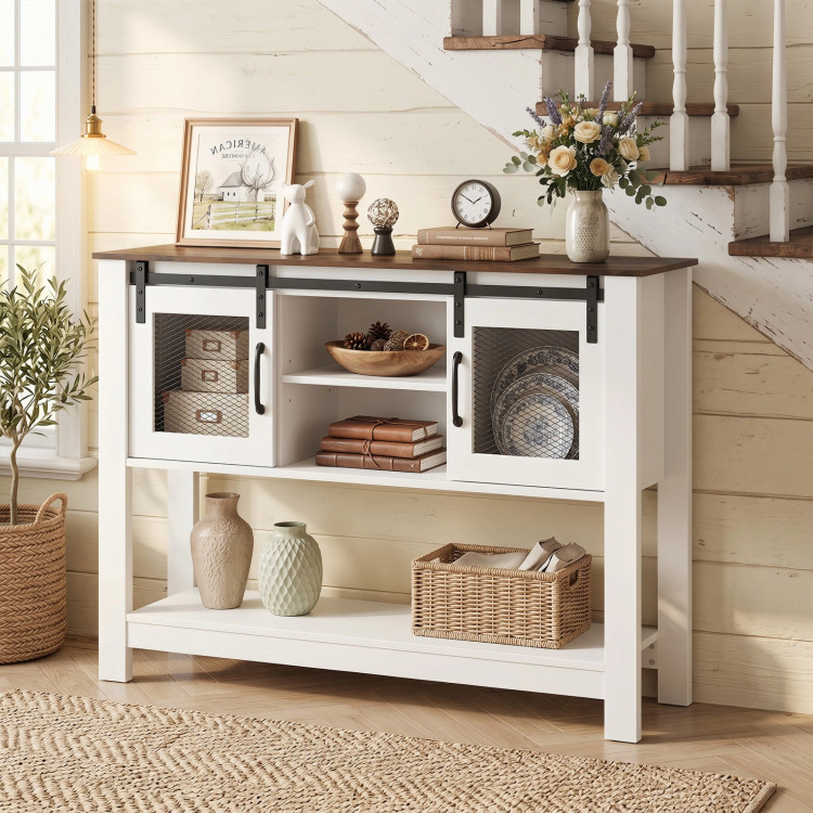 SUGIFT 40-in 150-lb Capacity Rustic Brown Console Table with 2 Sliding Barn Doors and Adjustable Shelf