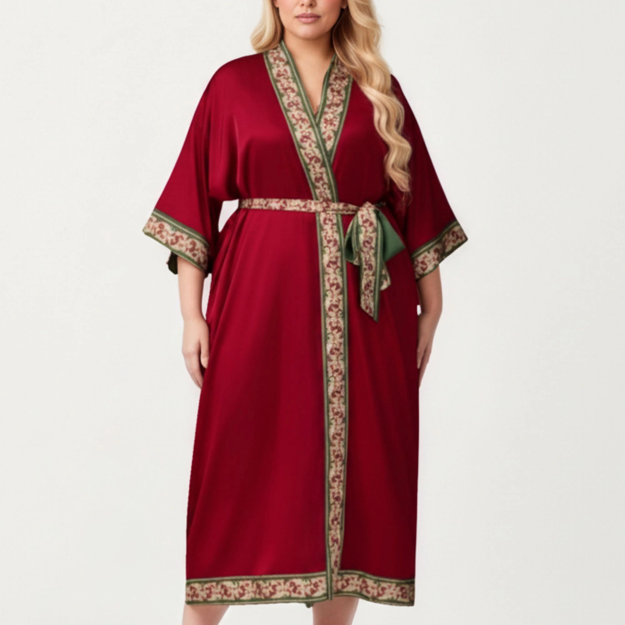 Anna-Kaci Women's Plus Size Long Robe with Decorative Trim Detailing and Soft Flowing Fabric