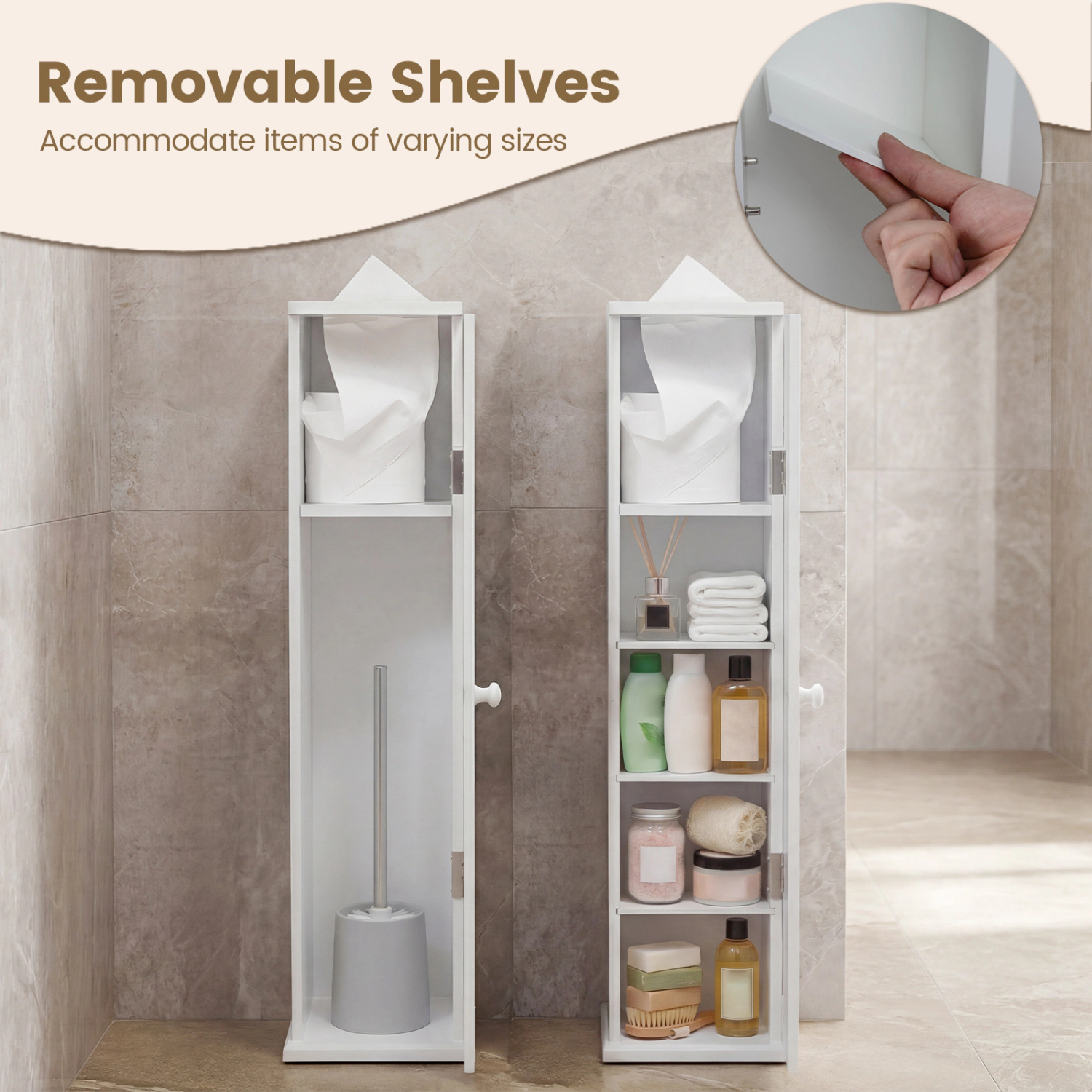 Slickblue Tall Slim Bathroom Cabinet White MDF Floor Standing Storage for Small Spaces