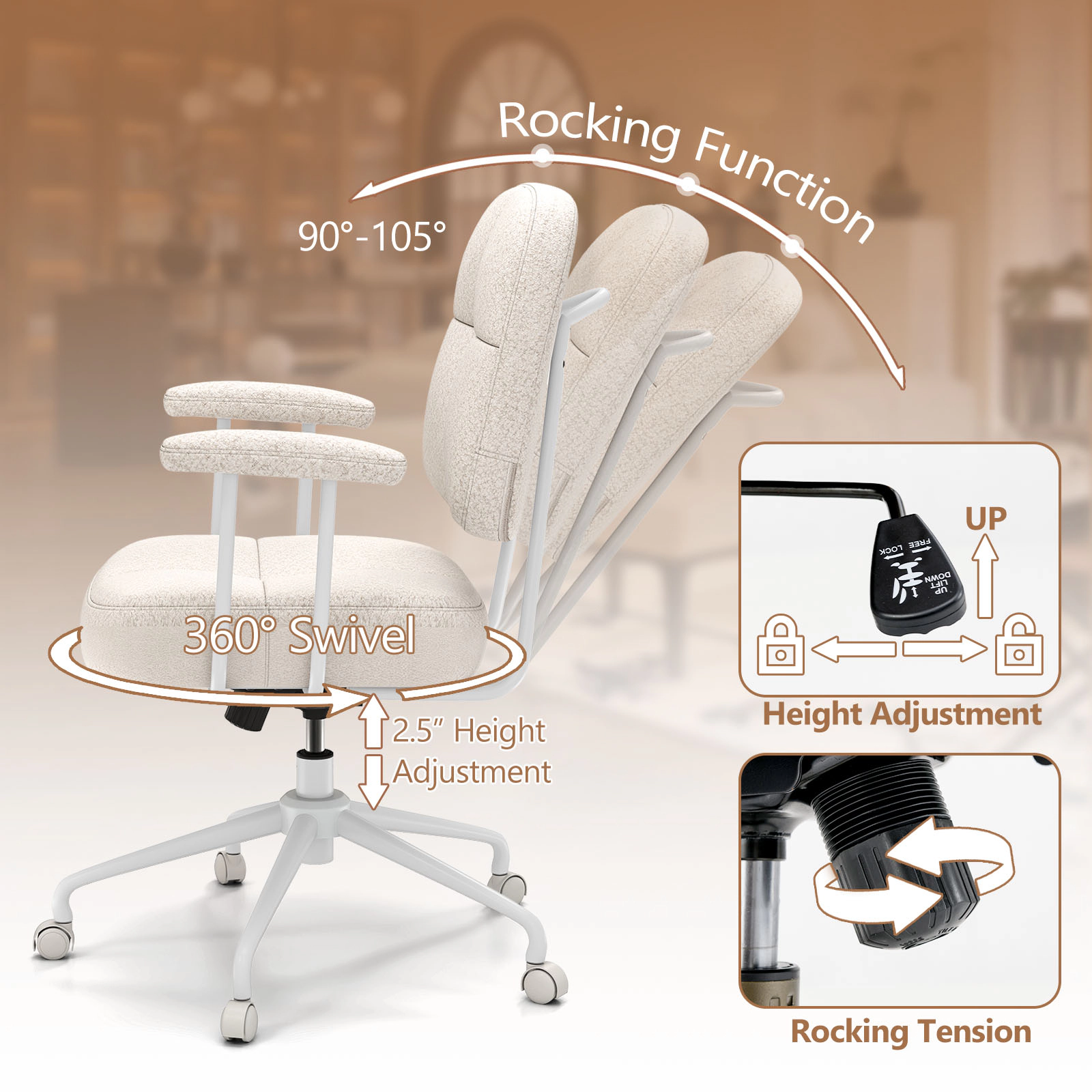 SUGIFT Ergonomic Task Home Office Chair 330-lb Capacity Brown/Beige with Cushioned Back and Arms