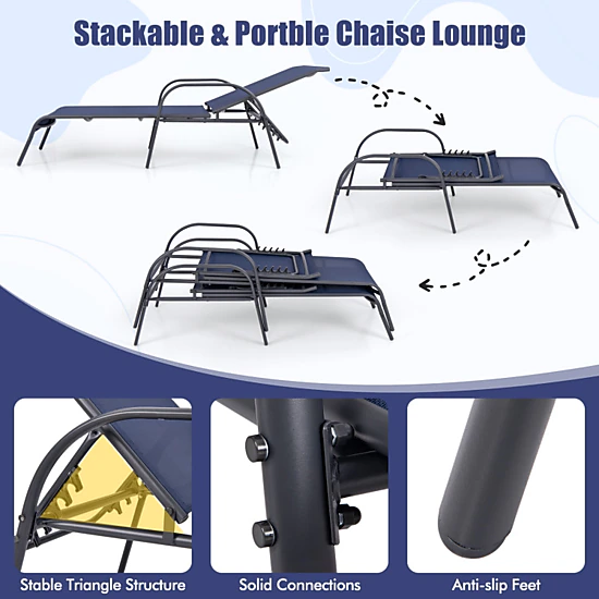 Hivvago 2 Pcs Outdoor Patio Lounge Chair Chaise Fabric With Adjustable Reclining Armrest-Navy