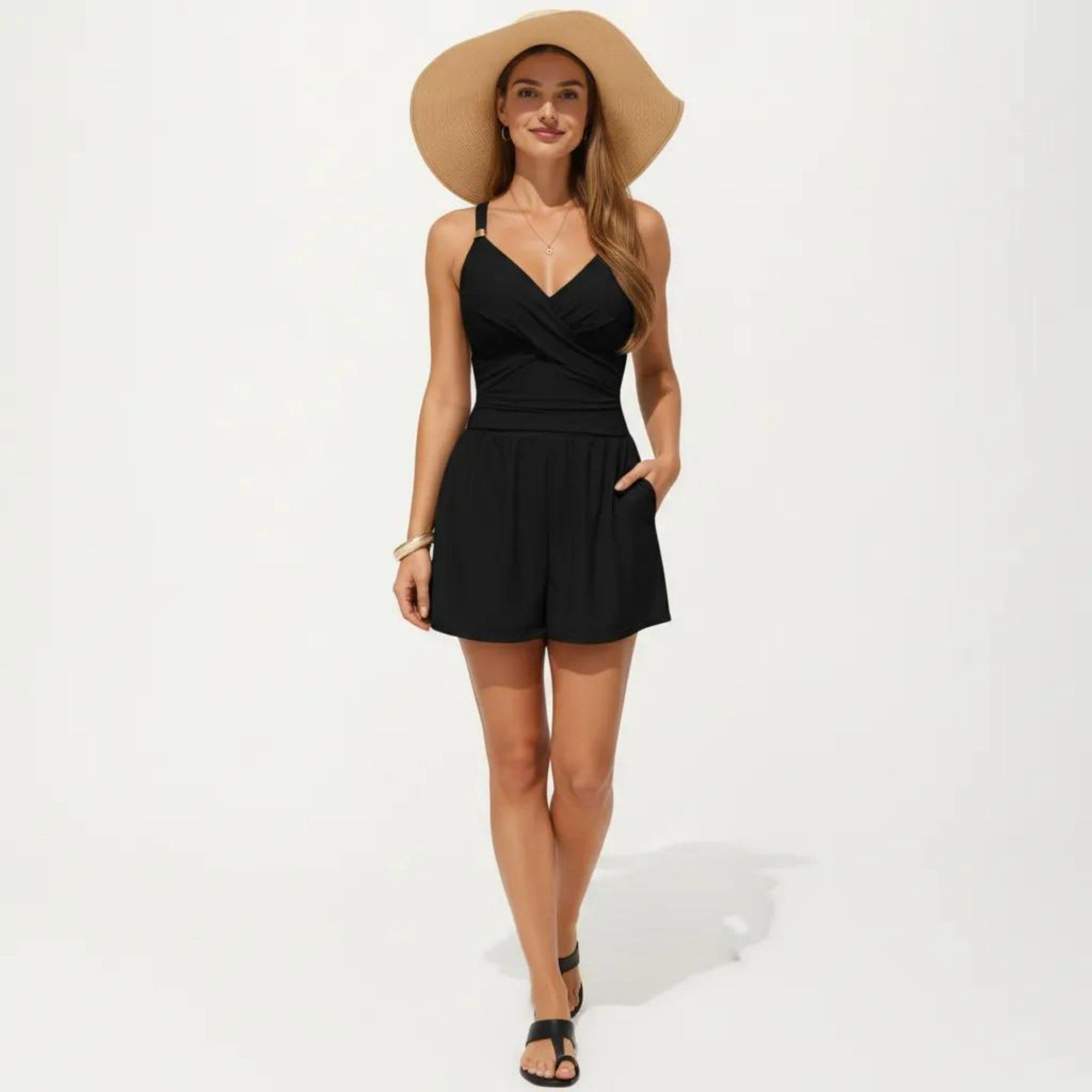 Anna-Kaci Women's Crisscross Bust One-Piece Swim Romper with Adjustable Straps