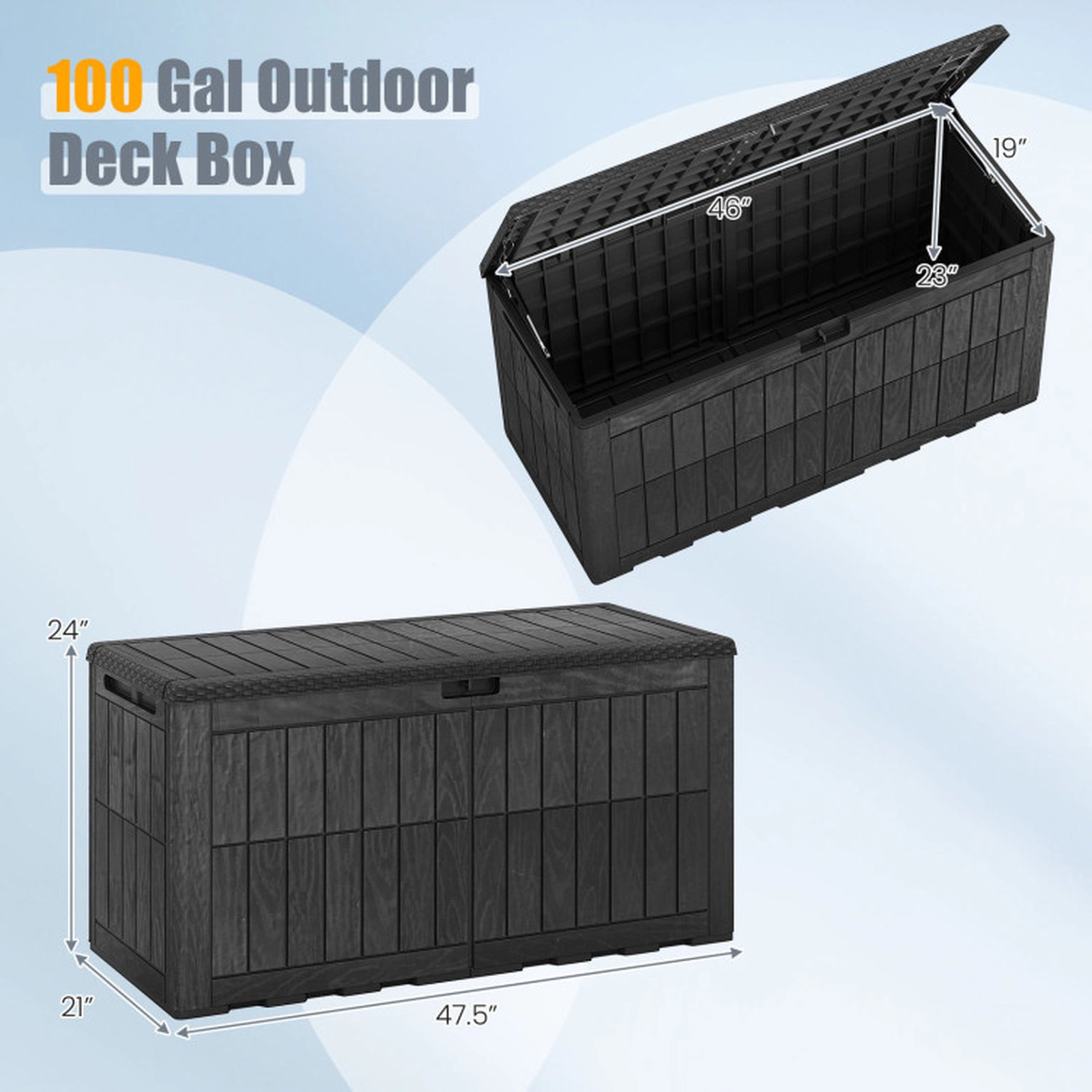 SUGIFT 100-Gallon Lockable Waterproof PP Outdoor Deck Storage Box 47.5-in x 21-in x 24-in 310-lb Seat Capacity Black