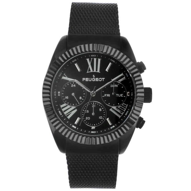 Peugeot Men's 42mm Black Multi-Function Steel Mesh Watch