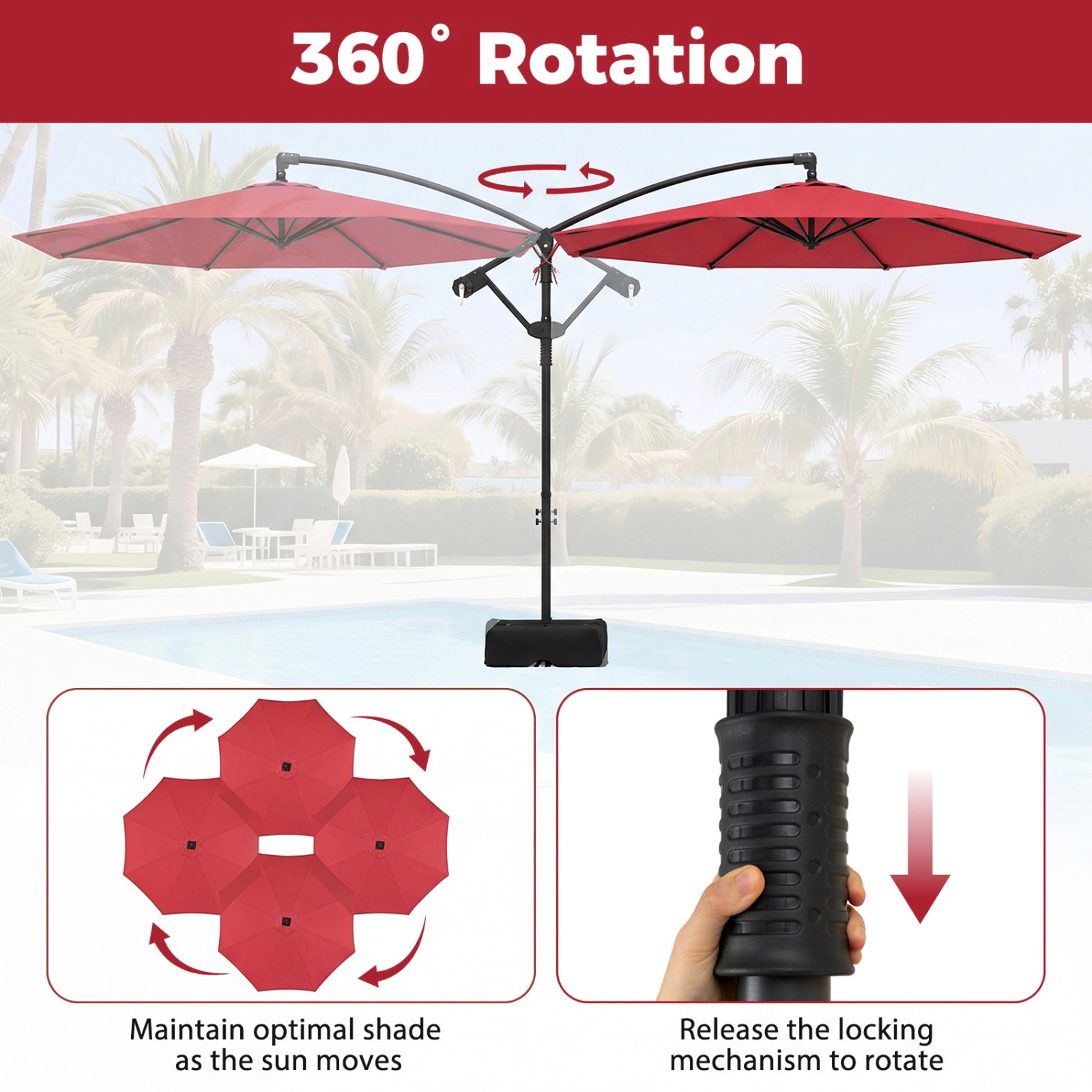 SUGIFT 10-ft Red Offset Cantilever Patio Umbrella with Base 2 220-lb Sandbags Infinite Tilt and 360 Rotation