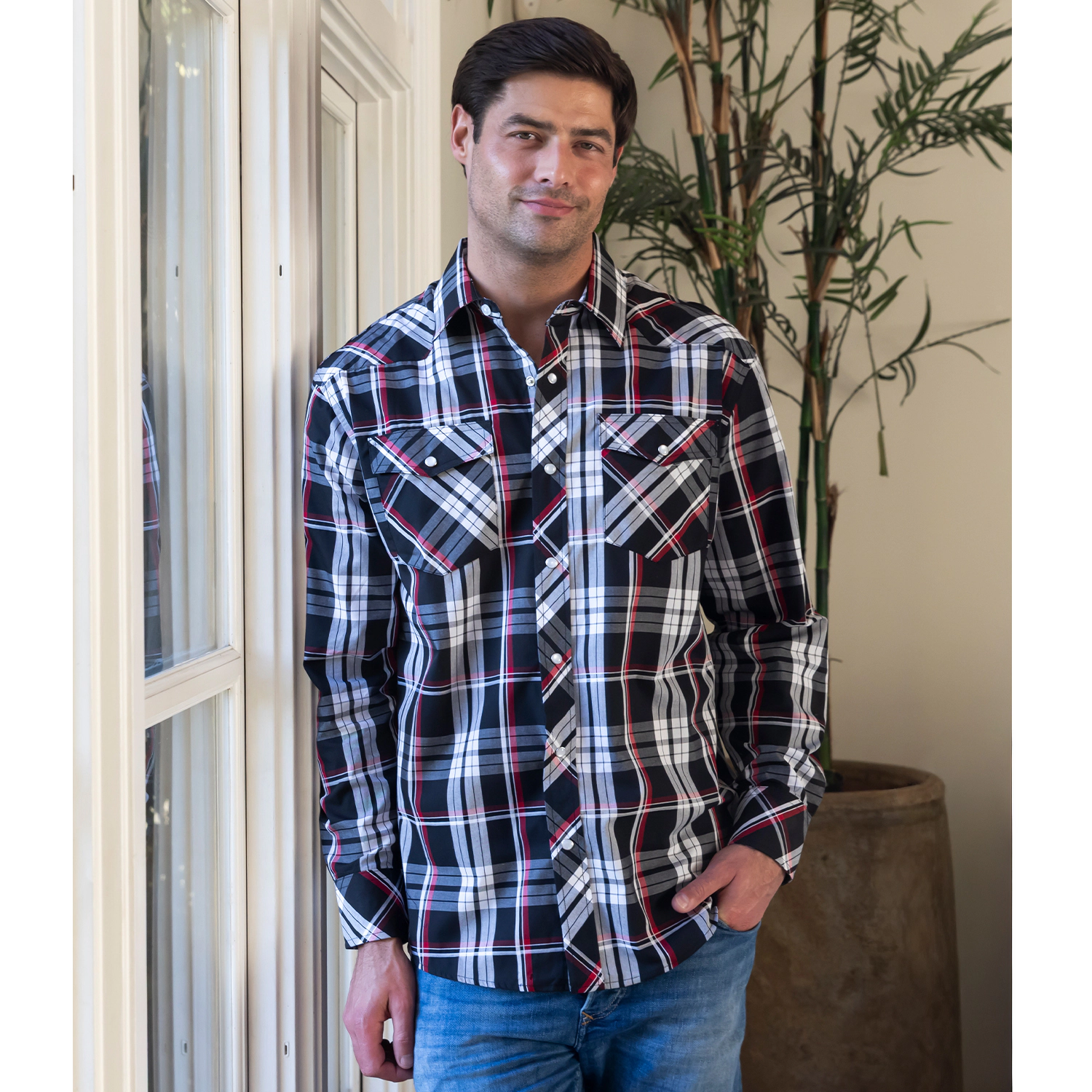 Gioberti Men's Western Plaid Long Sleeve Shirt with Pearl Snap-on
