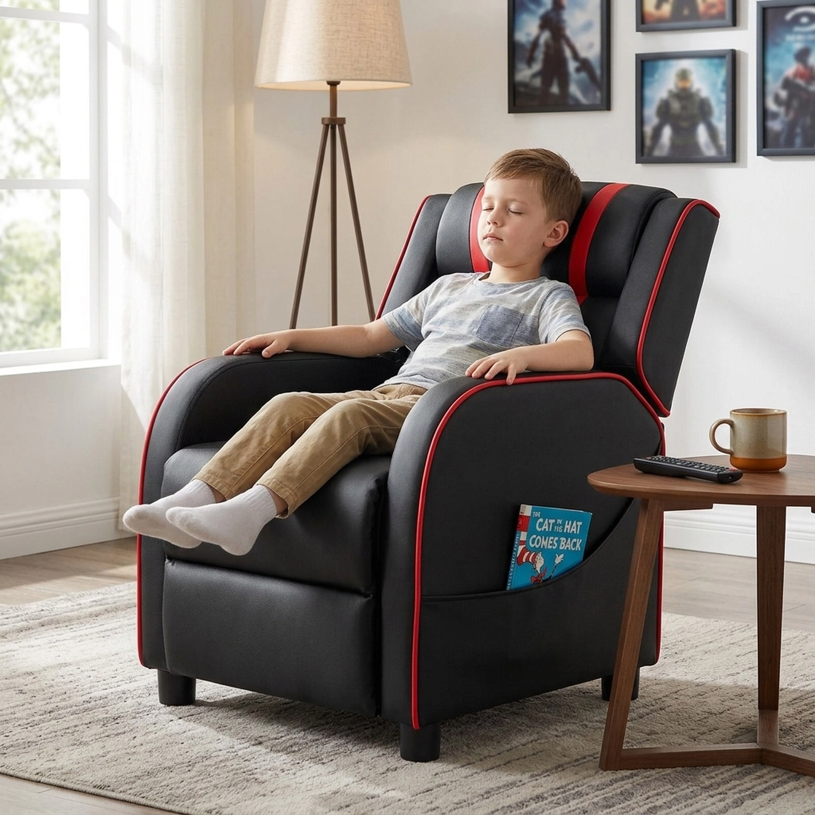 SUGIFT Kids Recliner Chair, 160° Reclining Seat with Adjustable Footrest, Side Pockets, Red PU Leather