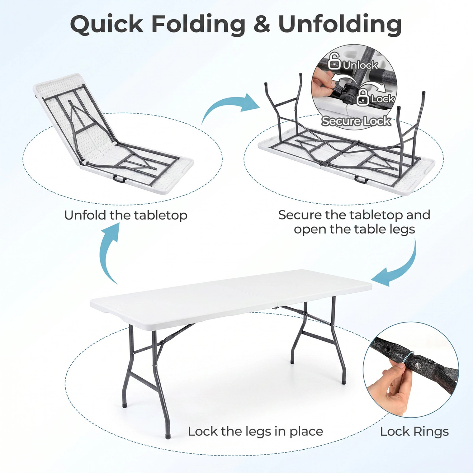 SUGIFT 6-Ft Fold-in-Half Camping Table 220-Lb Capacity with Metal Legs and Carry Handle White