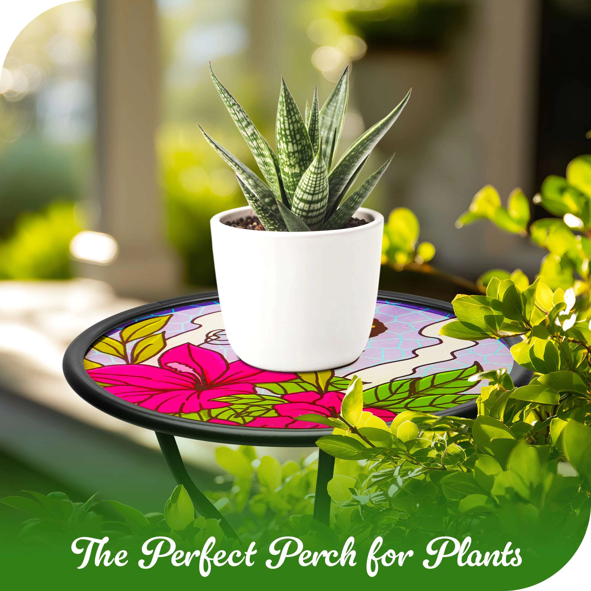 G128 14 in Round Glass Outdoor Side Table Butterfly Floral Pattern, Foldable Metal Patio End Table