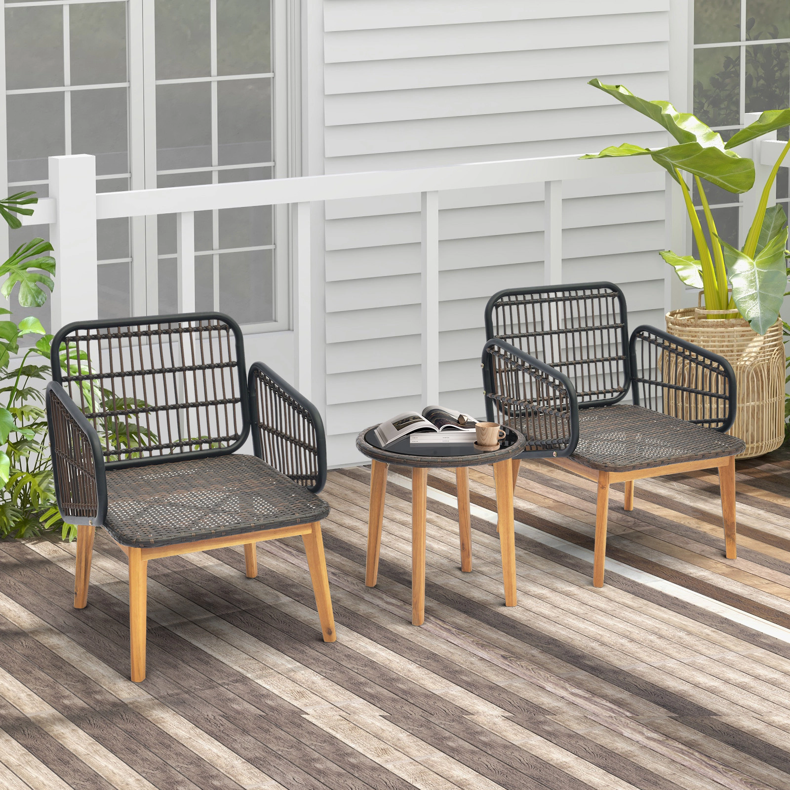 LJG 3 Pieces Patio Furniture Set with Cushioned Chairs and Tempered Glass Side Table