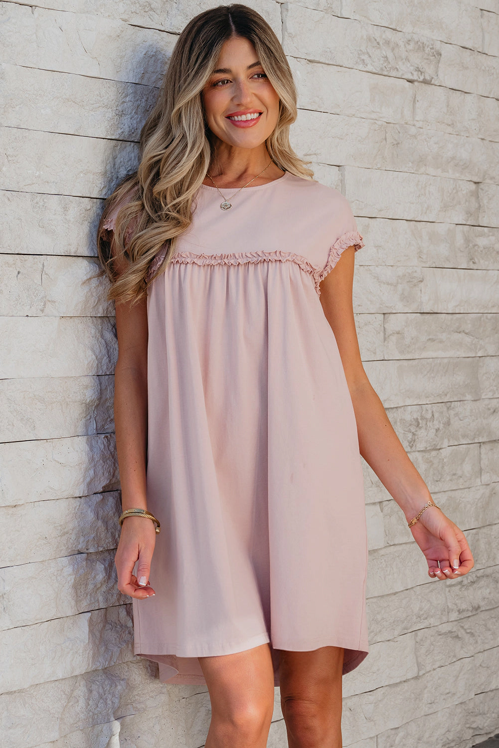 Threaded Pear Women's Kennedi Frilled Trim Loose Fit Mini Dress
