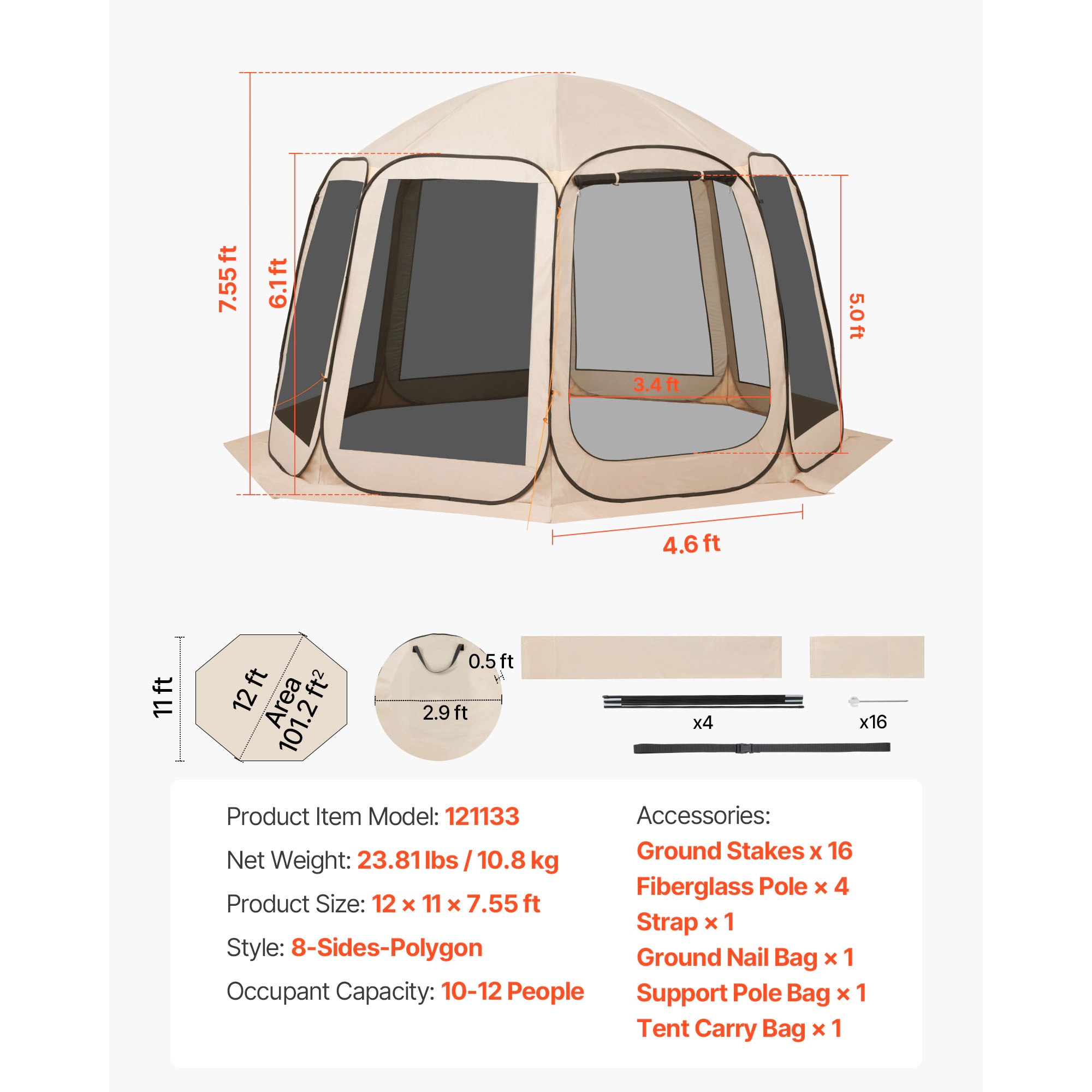 HONGGE Screen House Tent Pop Up Screen Tent Portable Screened in Canopy with Carry Bag Netting Sides Ground Stakes for