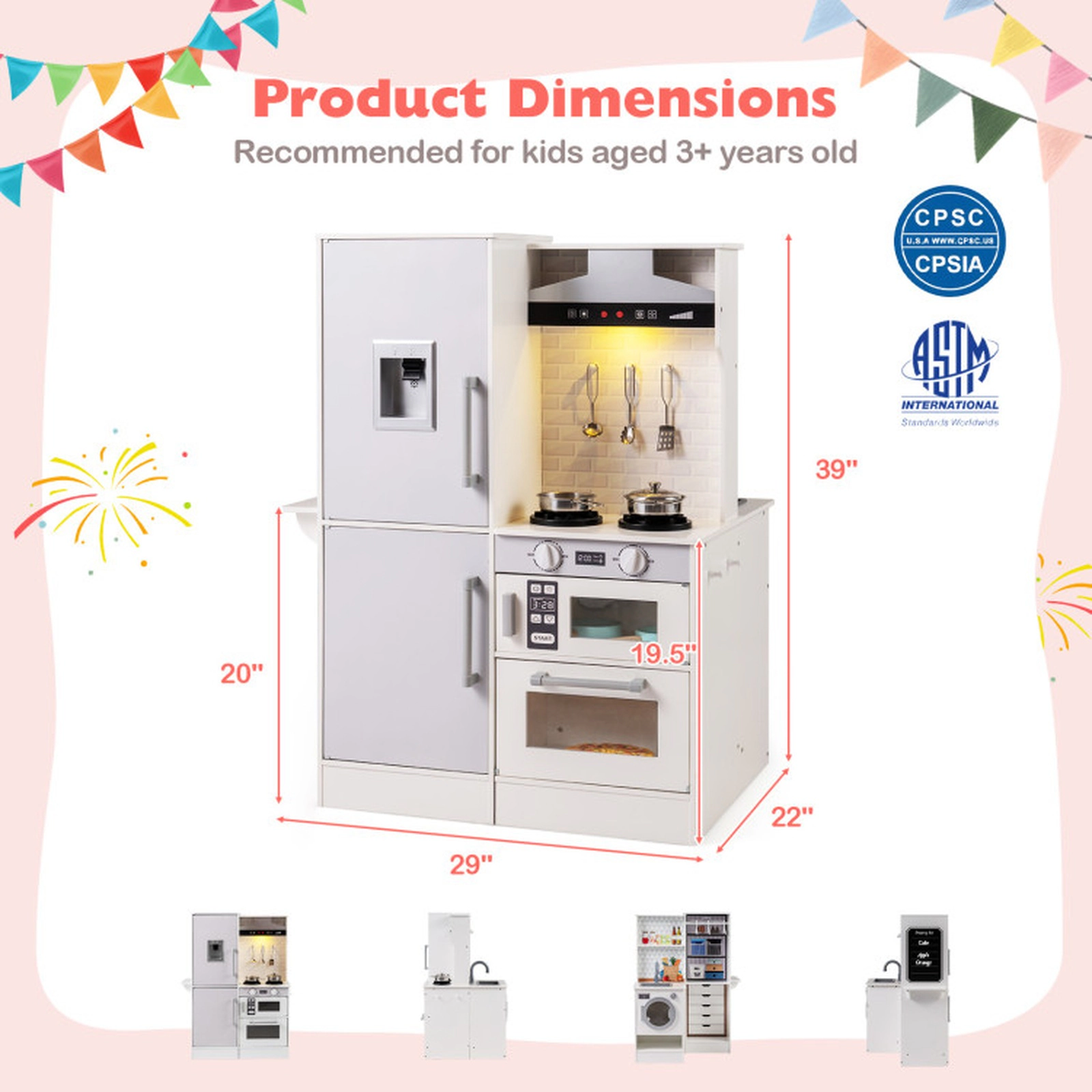 SUGIFT White Water Dispenser Range Hood and Cookware Dual-Sided Kids Play Kitchen