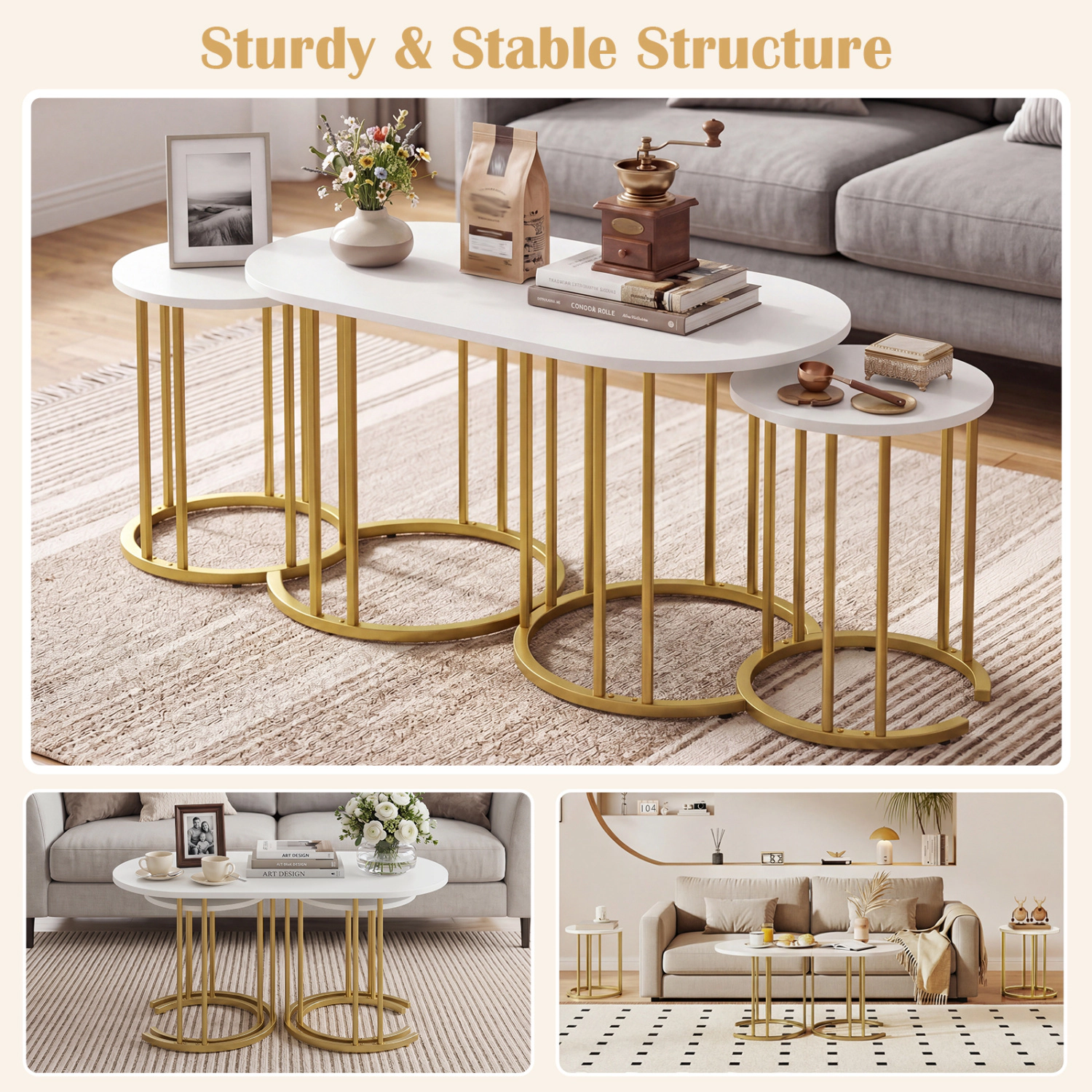 Glintex 3-Piece Nesting Coffee Table Set with Faux Marble Tops and Metal Frames, White & Gold