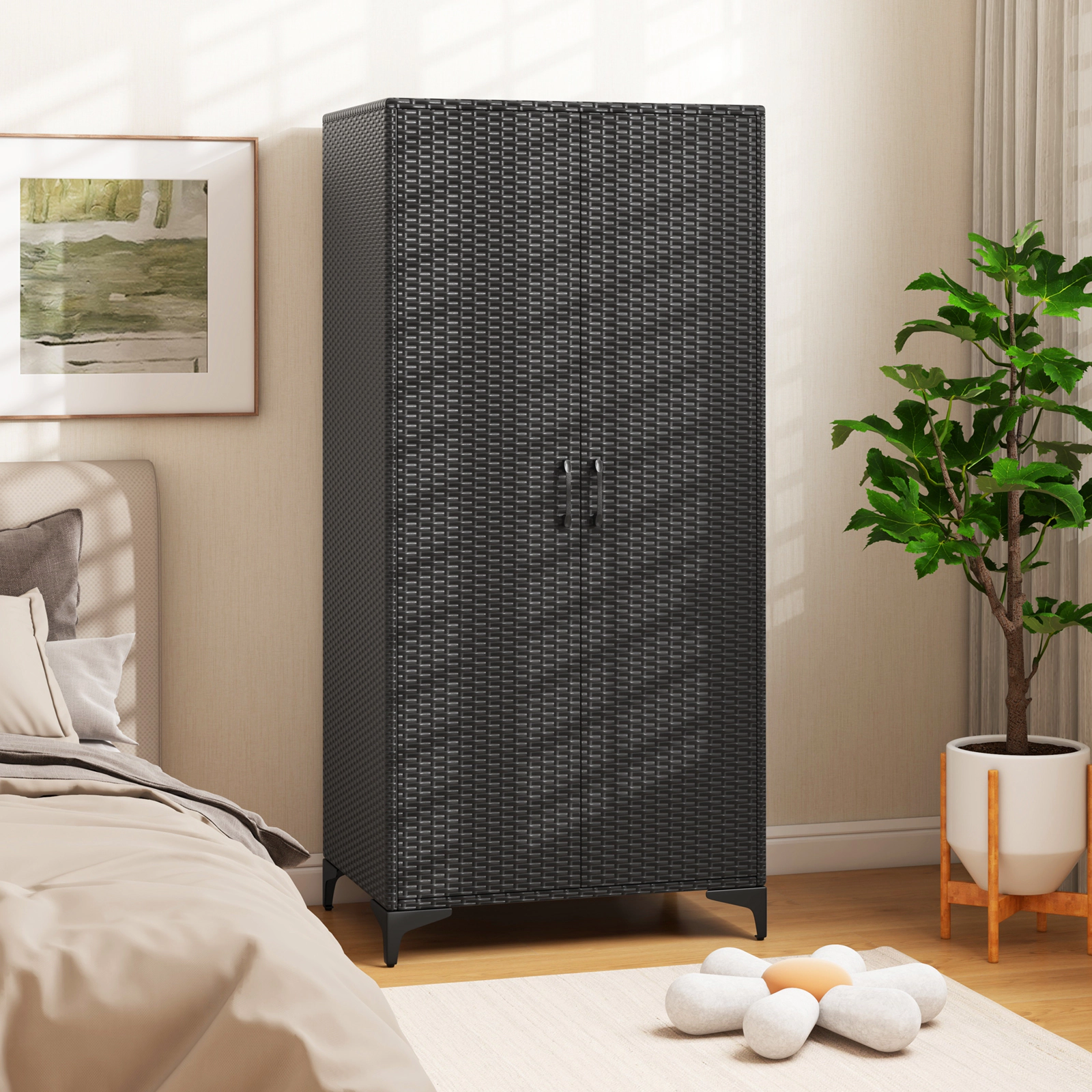 SUGIFT 62-in PE Rattan Wicker Wardrobe Armoire with 2 Doors 165-lb Total Capacity 33-lb Rod and Cubes Black/Mix Brown