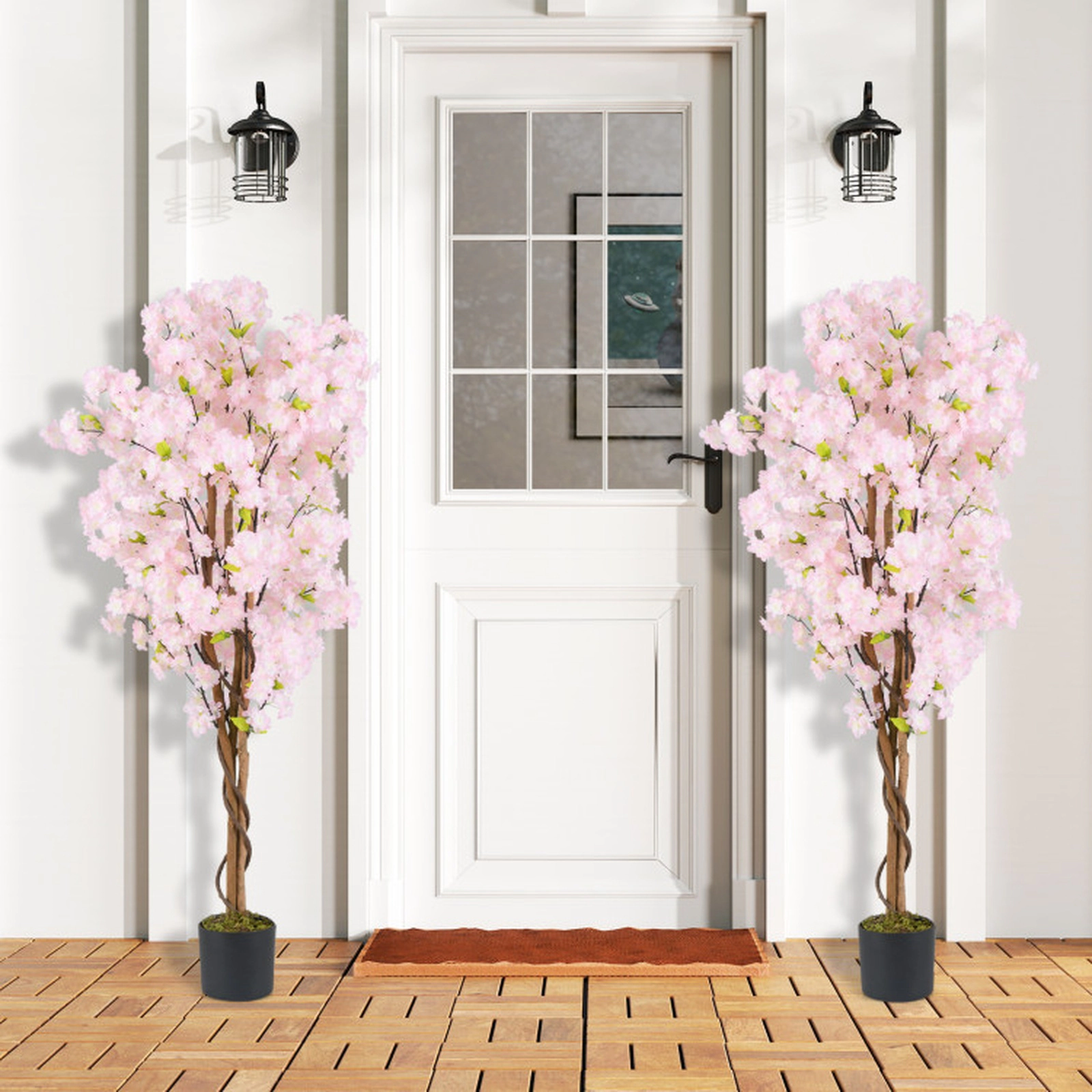 SUGIFT Set of 2 5-ft 972 Blossoms 144 Leaves Wood Trunks Artificial Cherry Blossom Trees 6.5-in x 6-in Pot 22-lb Pink