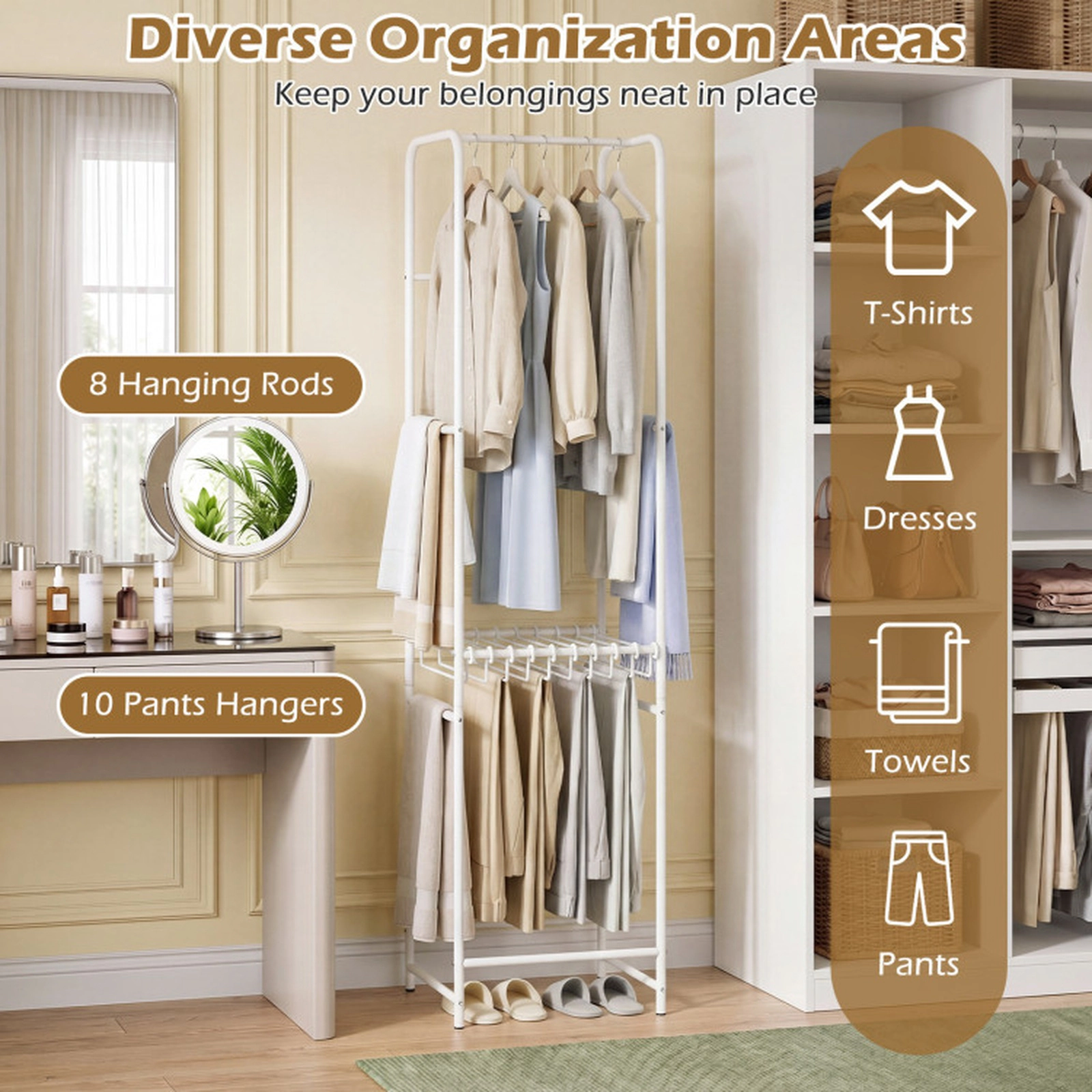SUGIFT Slim Coat Rack White Freestanding Garment Organizer with 8 Hanging Rods