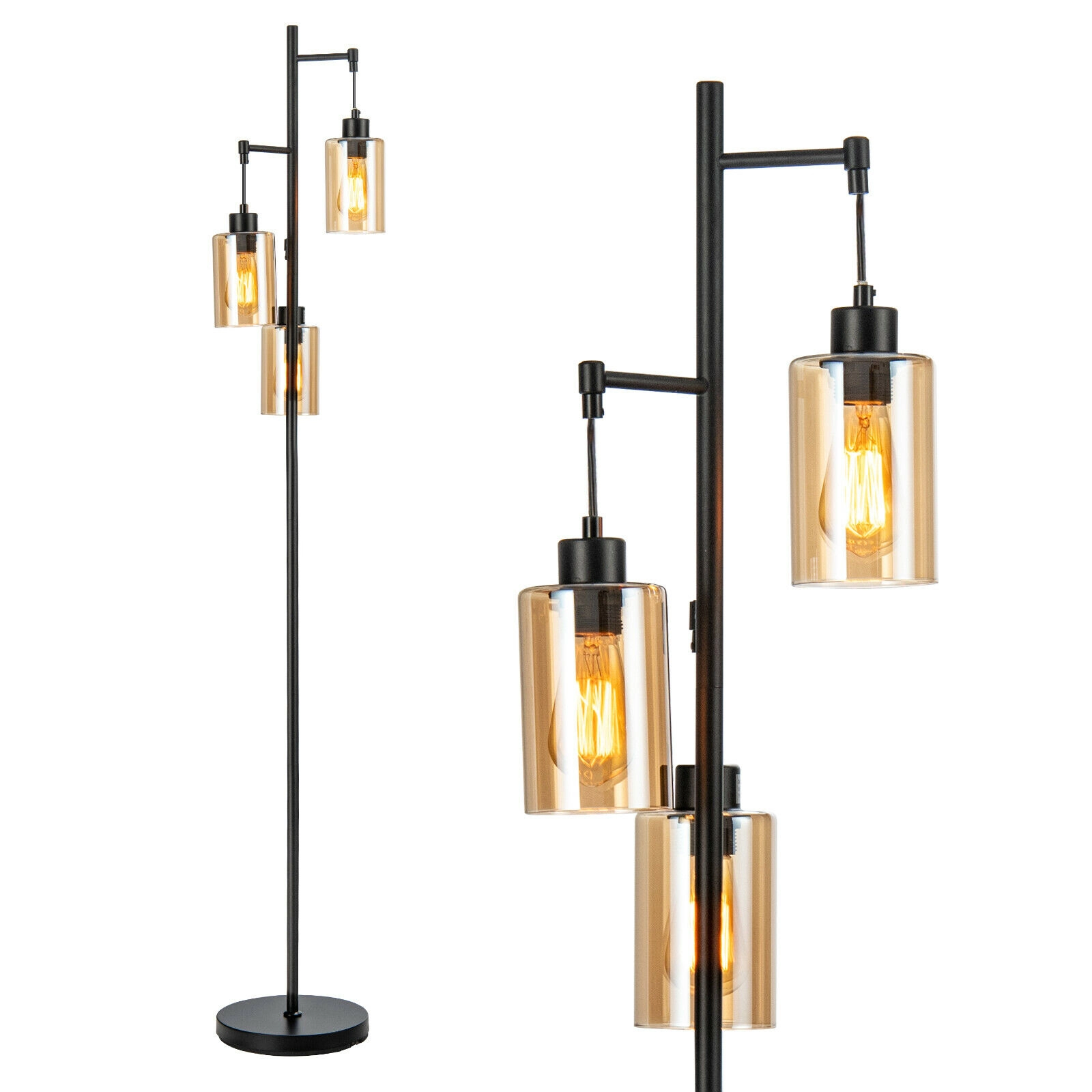 SlickBlue 3 Head Retro Floor Lamp with Hanging Amber Glass Shades