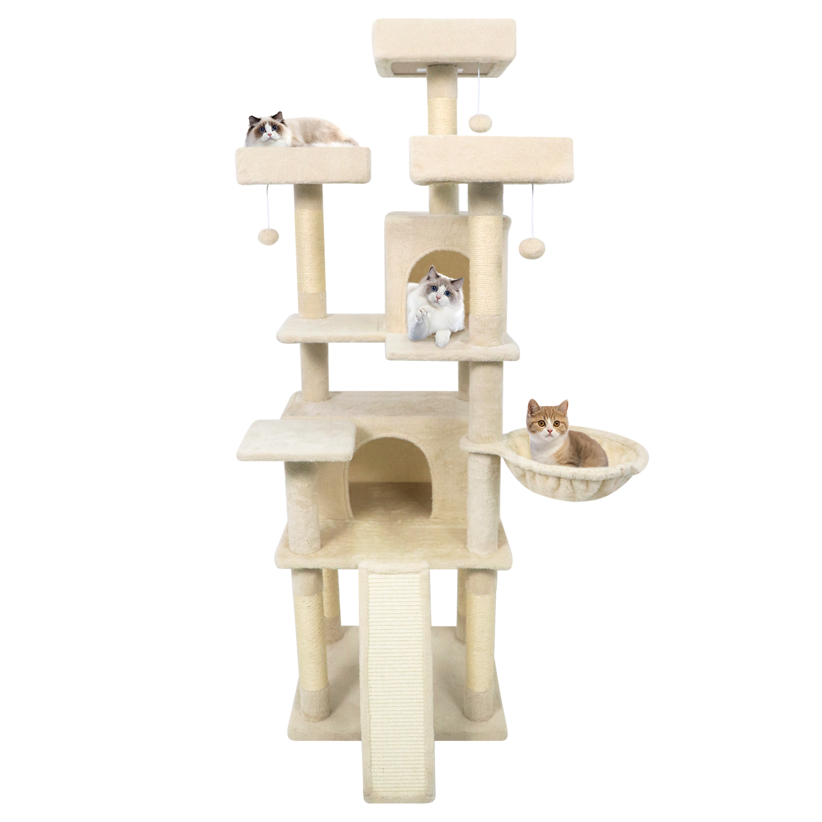 SUGIFT 65-in Tall Multi-level Cat Tree with 3 Upholstered Perches and 2 Cat Condos Beige