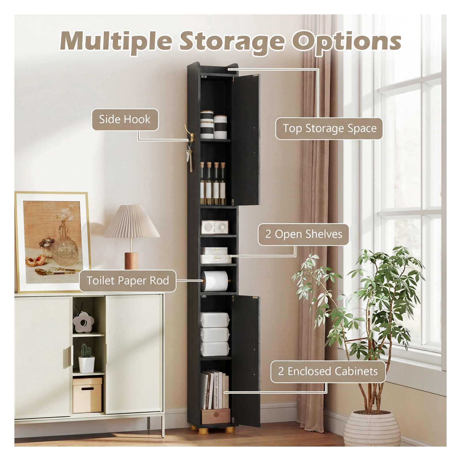 Glintex 69-Inch Narrow Bathroom Tower with Paper Holder Hook and Golden Handles