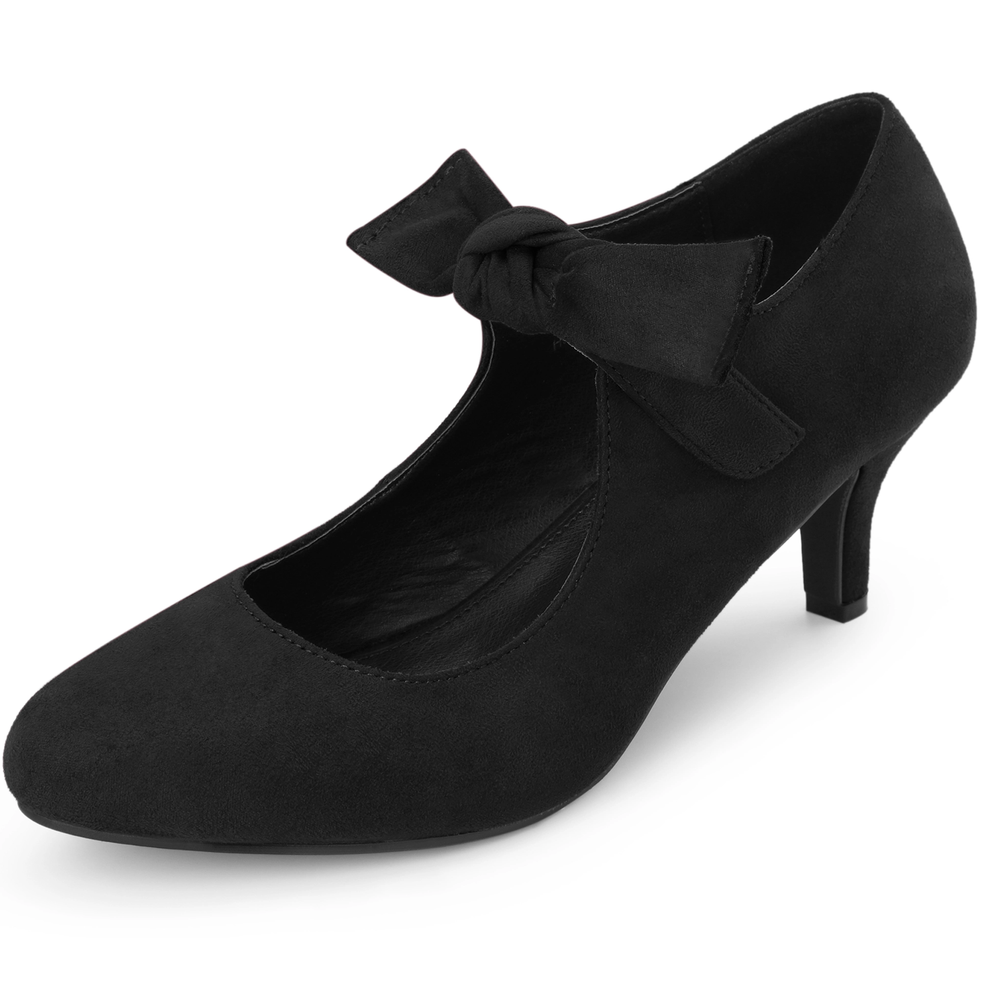 BLISSFUL STEP Women Closed Toe Bow Knot Ankle Strap Kitten Heel Mary Jane Pumps
