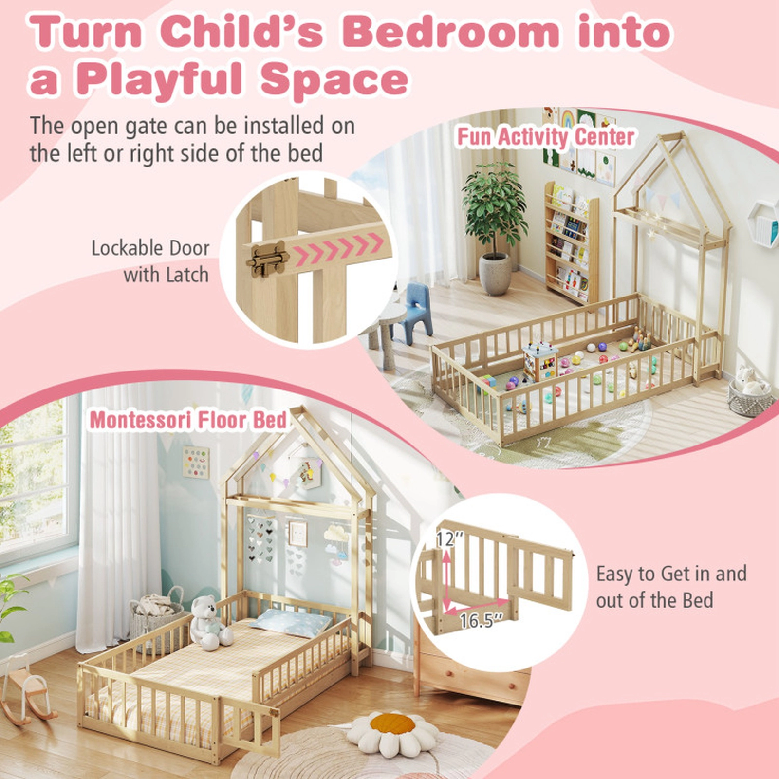 SUGIFT Kids Twin Size House-Shaped Headboard Fence Rails Floor Bed 78-in x 48.5-in x 74-in Fits 6-in Mattress Natural