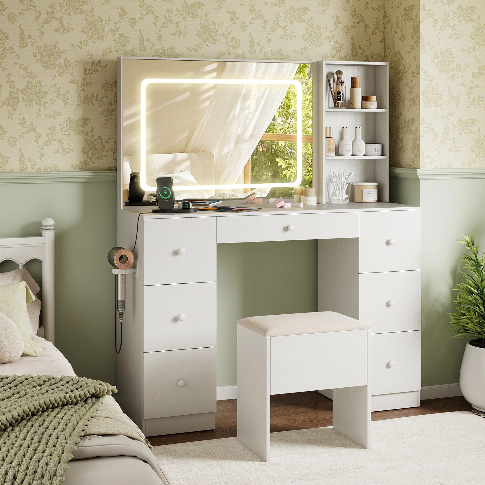 SUGIFT White Large Lighted Mirror and 7 Storage Drawers 46 Inch Vanity Desk and Stool Set