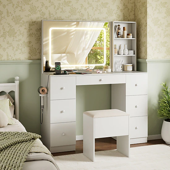SUGIFT White Large Lighted Mirror and 7 Storage Drawers 46 Inch Vanity Desk and Stool Set