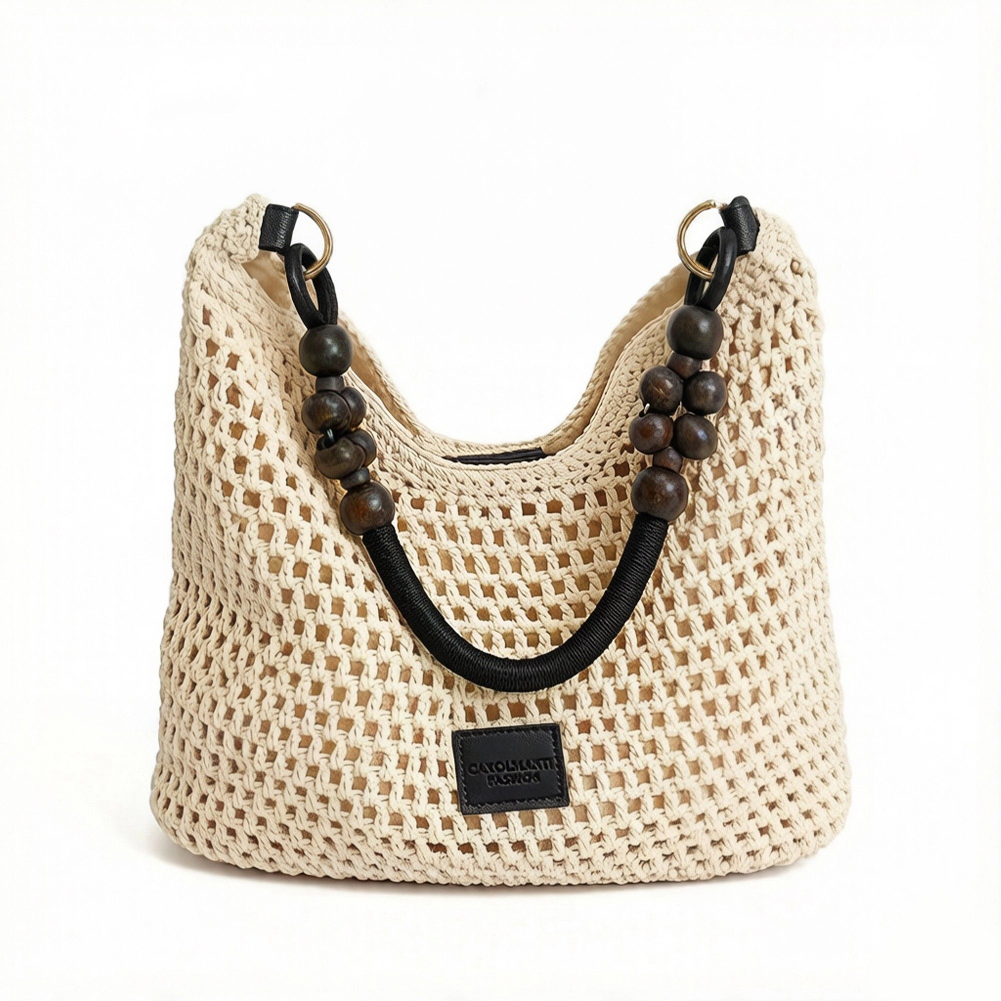Alilang Women's Crochet Hobo Shoulder Bag Wooden Bead Handle Open Weave Knit Handbag Slouchy Summer Carryall Tote