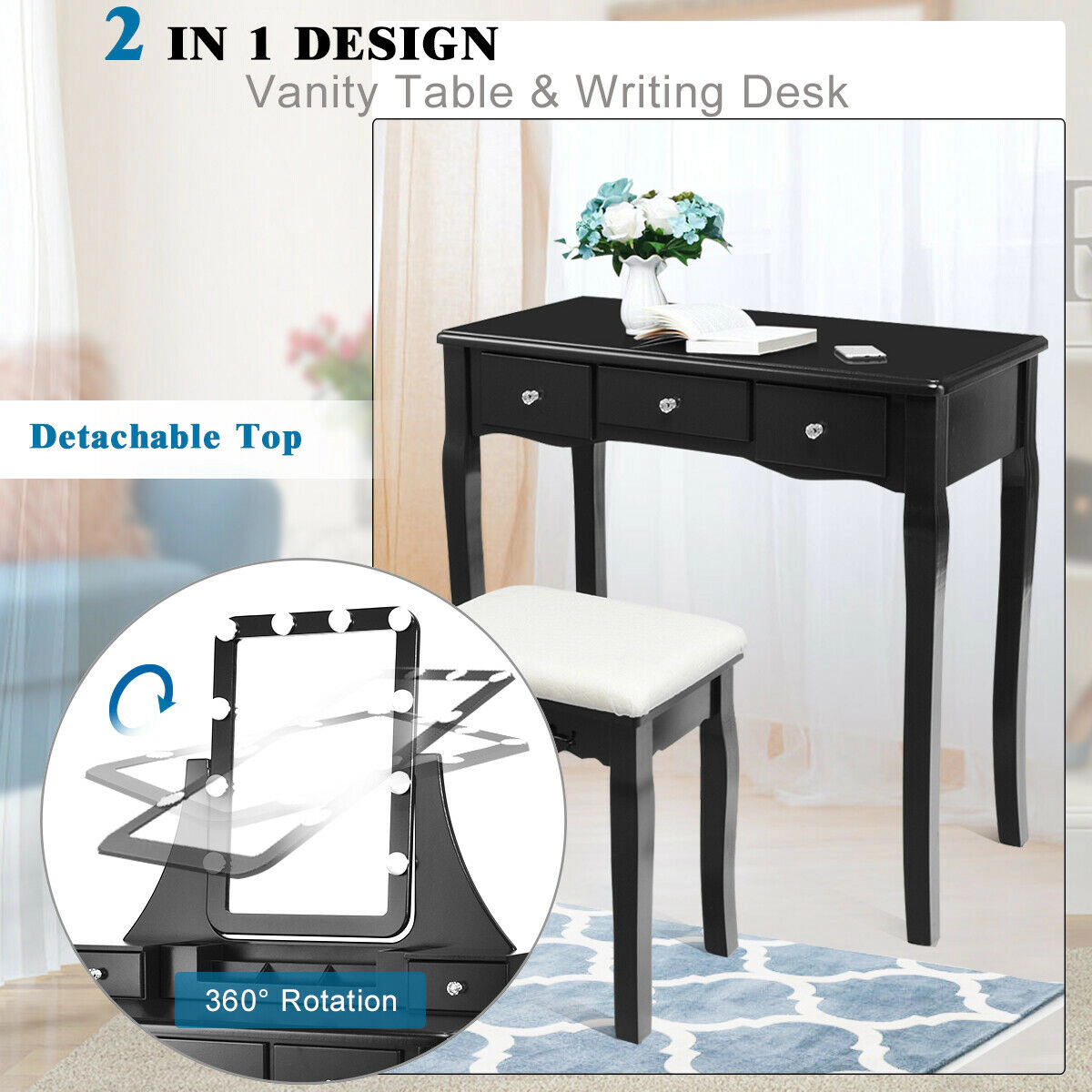 SUGIFT 10 Dimmable Light Bulbs Vanity Dressing Table Storage Box & Cushioned Stool 286-lb Table 250-lb Stool Capacity