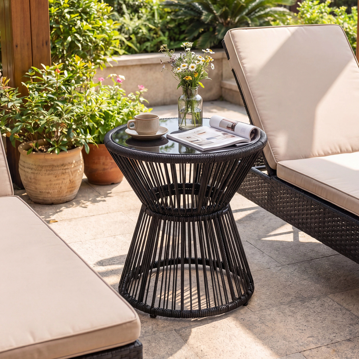 Hivvago Outdoor Side Table With Led Warm Light And Tempered Glass Top