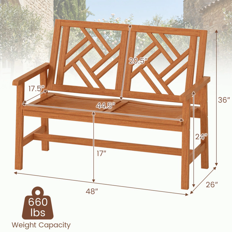 Hivvago Outdoor Bench Wood 2-Person Patio Loveseat Chair With Geometric Backrest