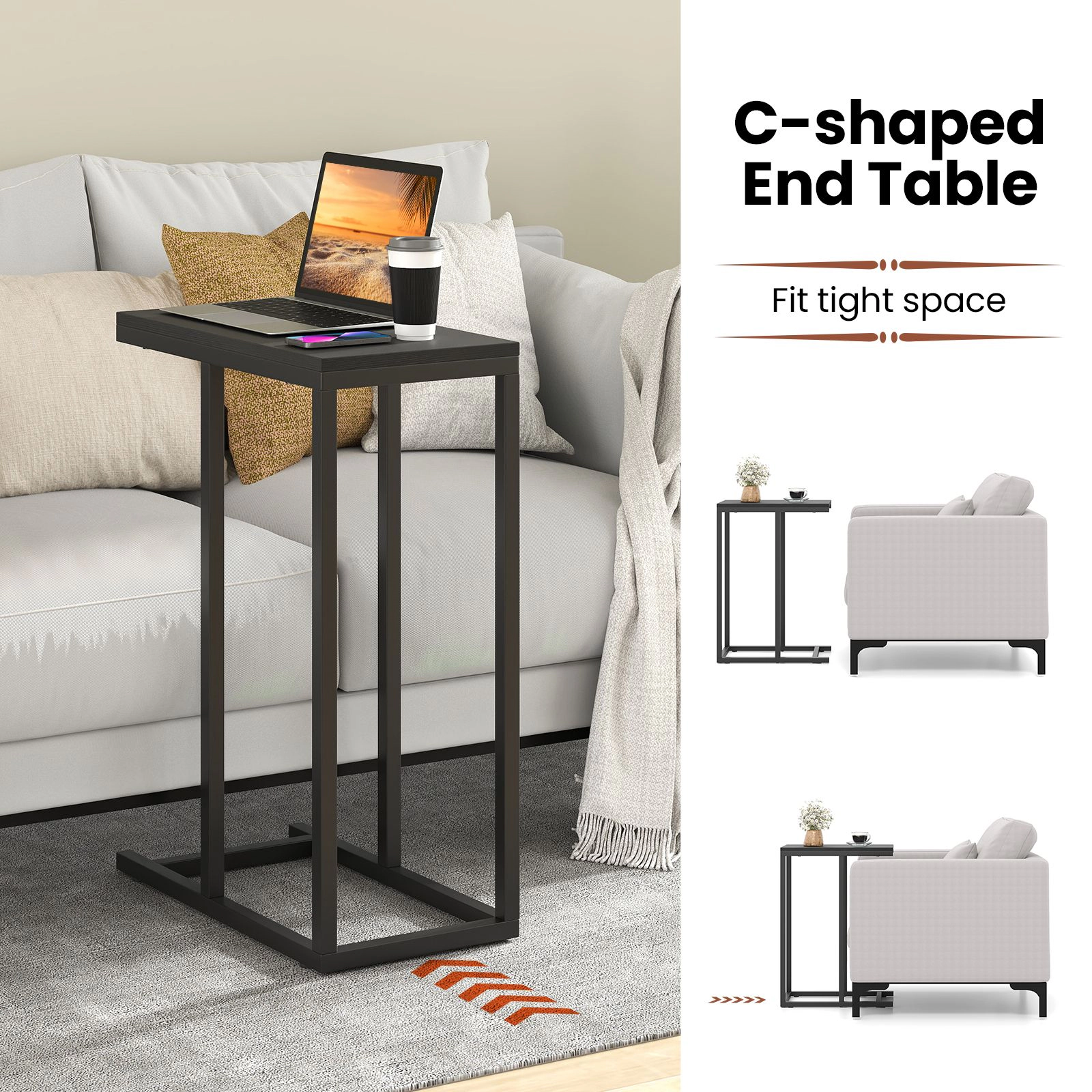 SlickBlue C Shaped Sofa Side Table Modern End for Living Room Bedroom