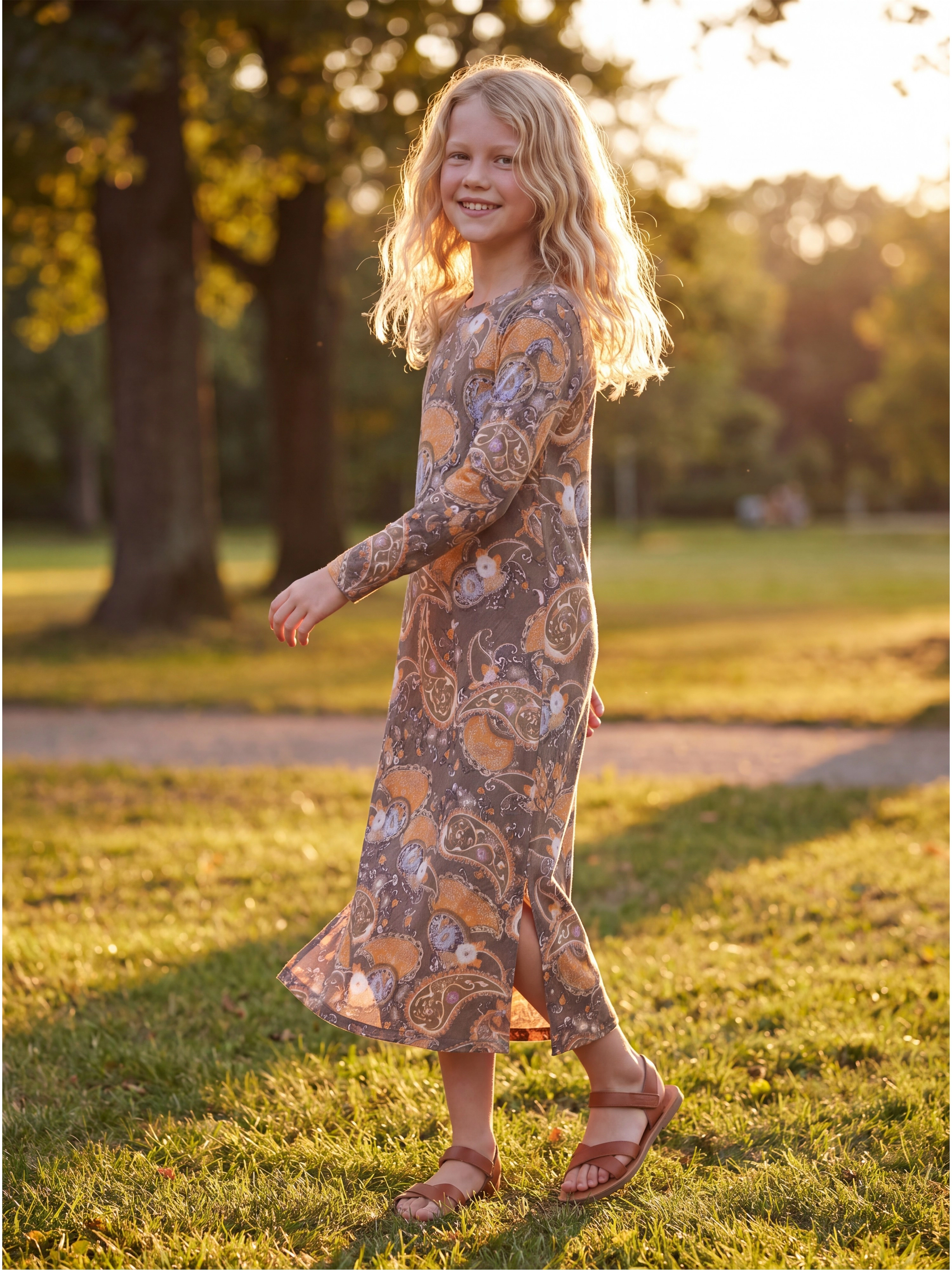 24sevenKid Essential Brown Fall Print Girls Long Sleeve Side Slit Maxi Dress
