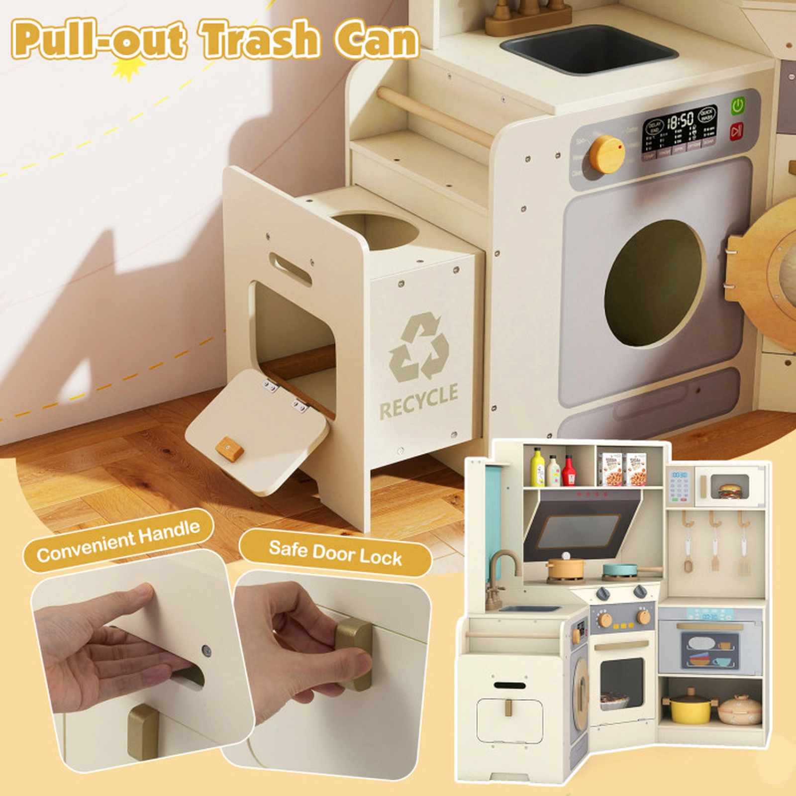 SUGIFT Corner Wooden Kitchen Toys with Lights and Sounds with Pull-out Trash Can 46-in Wide Ages 3+ Off White