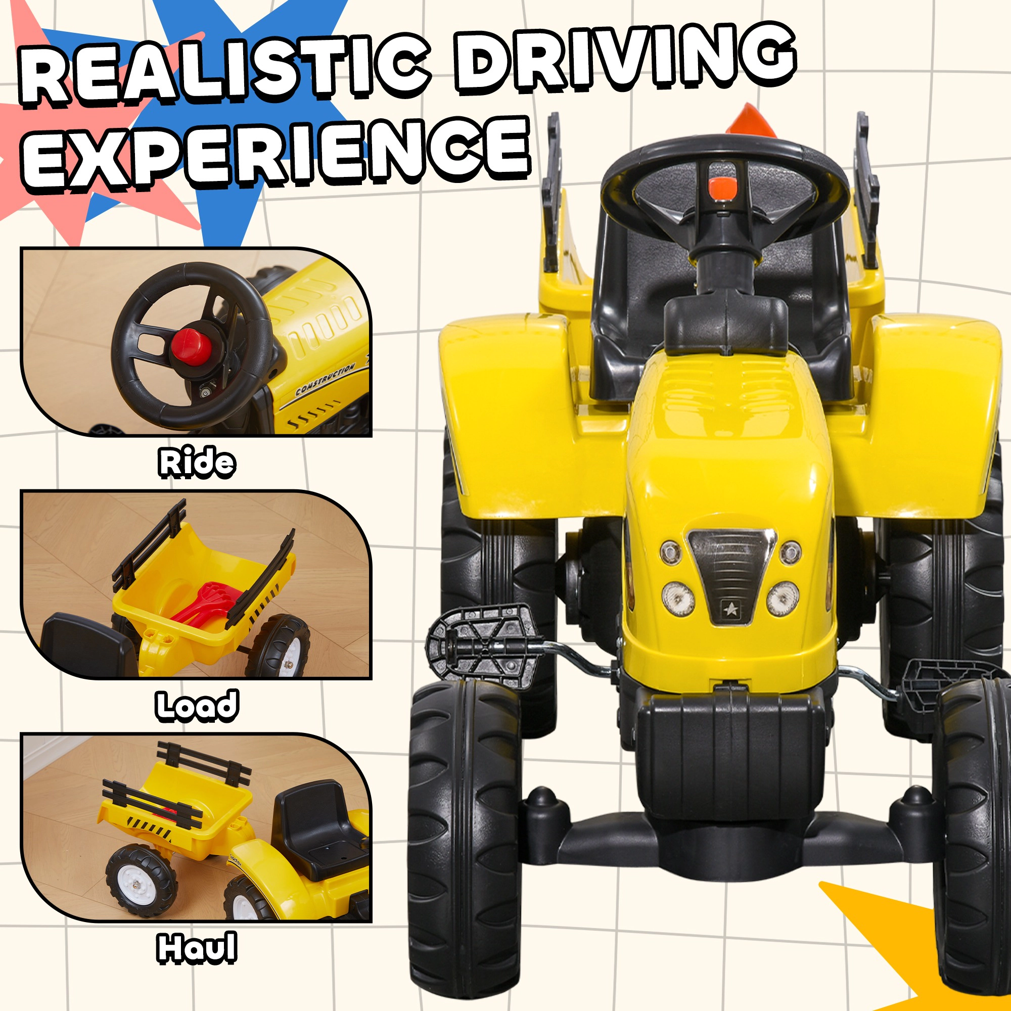 HONGGE Kids Pedal Ride-On Tractor with Rear Trailer, Shovel & Rake, Working Horn, Yellow, Ages 3 and Up